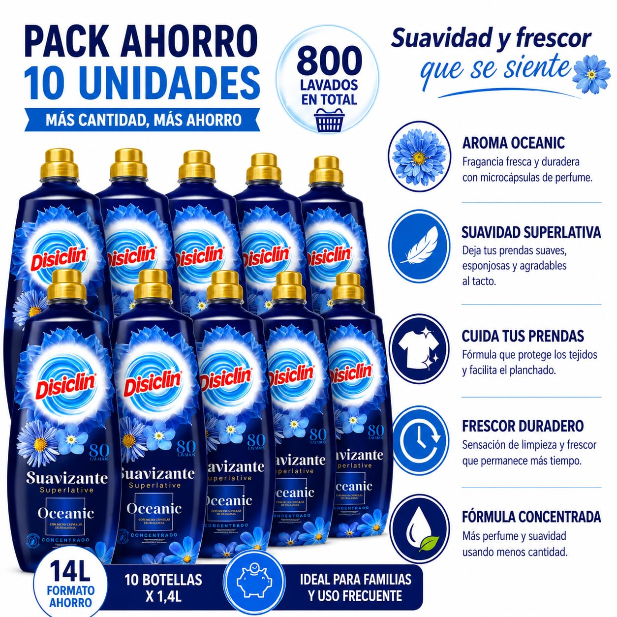 Suavizante Disclin Concentrado Oceanic 1,4L | Pack 10 Unidades | 800 Lavados | Aroma Fresco Duradero | Con Microcápsulas de Fragancia | Formato Ahorro 14L | RASMACOR