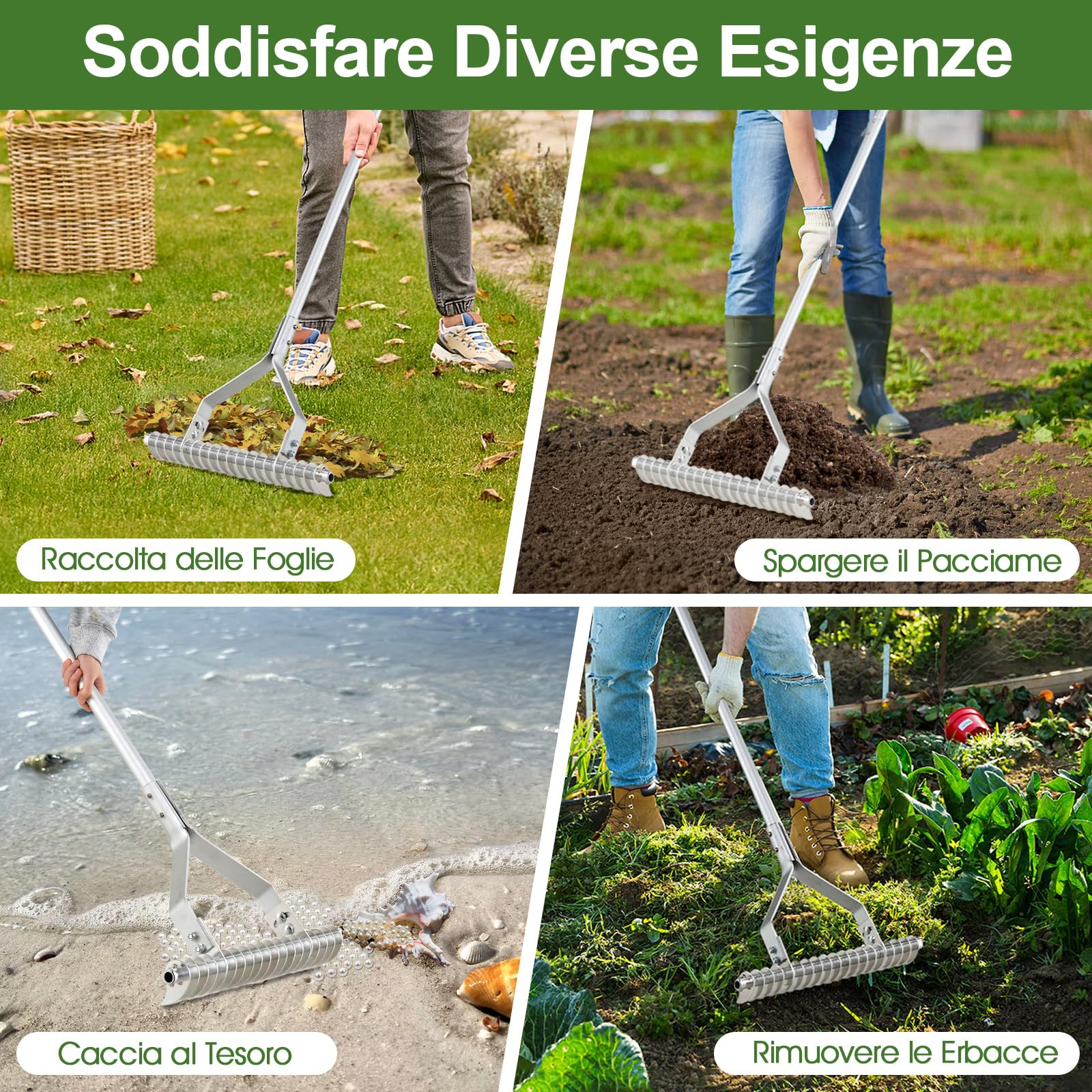 COSTWAY Arieggiatore per Prato 178 cm, Rastrello per Allentare Suolo da 50 cm in Alluminio con Manico Lungo e 19 Denti Curvi, Arieggiatore Manuale da Giardino e Cortile