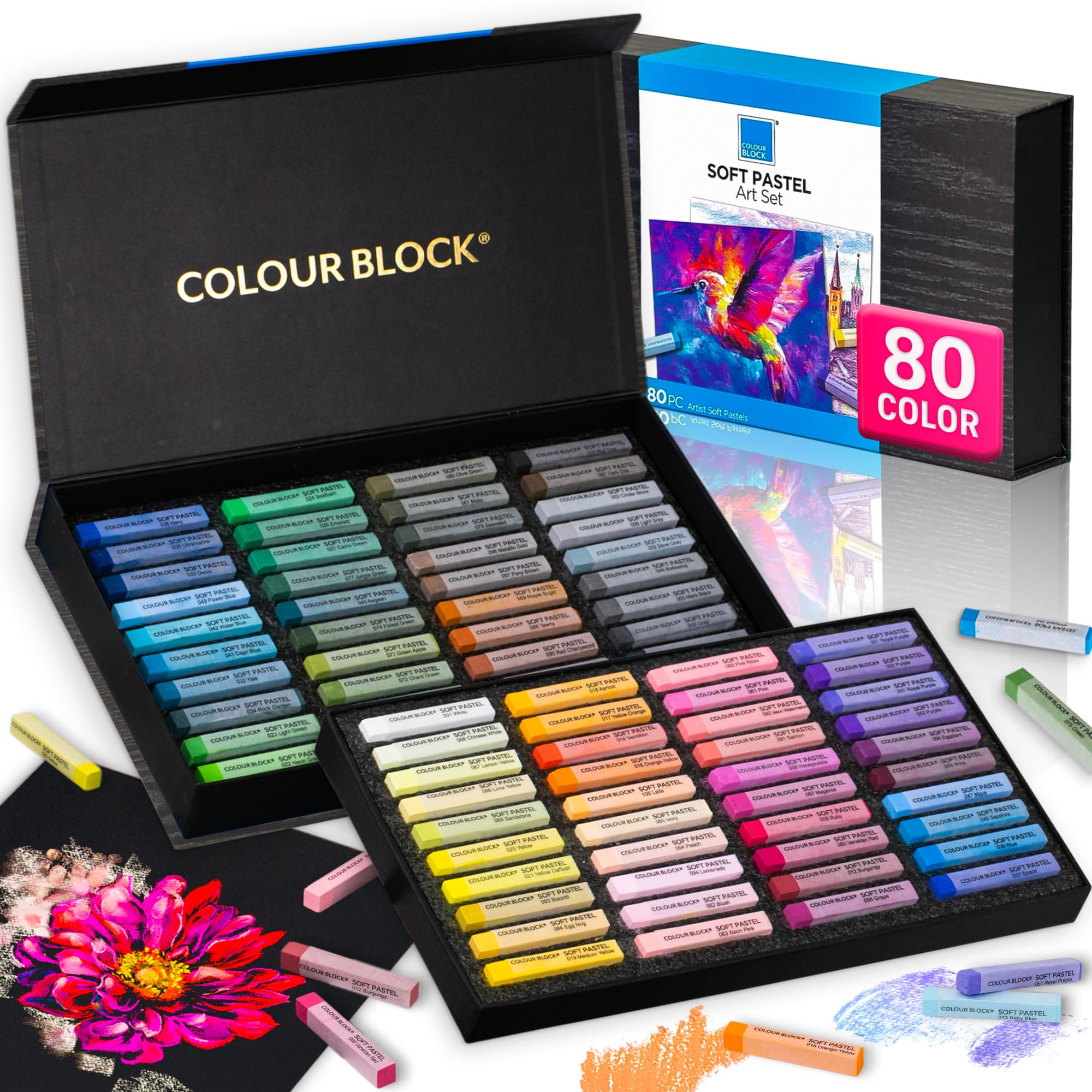 COLOUR BLOCK Soft Pastels for Artists - 80 Colors Square Chalk Soft Pastels Art Set in CARBON Box - Vibrant Pigments Art Kit for Painting, Drawing, Sketching, Hobbyist.