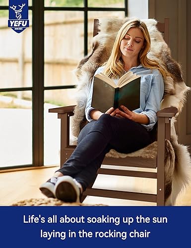 Miniatura 7 de YEFU Mecedora para exteriores, silla mecedora de madera de polietileno con respaldo alto, mecedora de polietileno con aspecto de madera real,