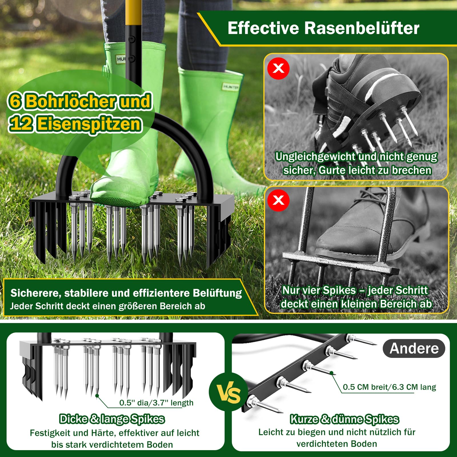 2-in-1 Rasenlüfter,Aerifizierer für Rasen Hohlspoon mit 18 Spikes