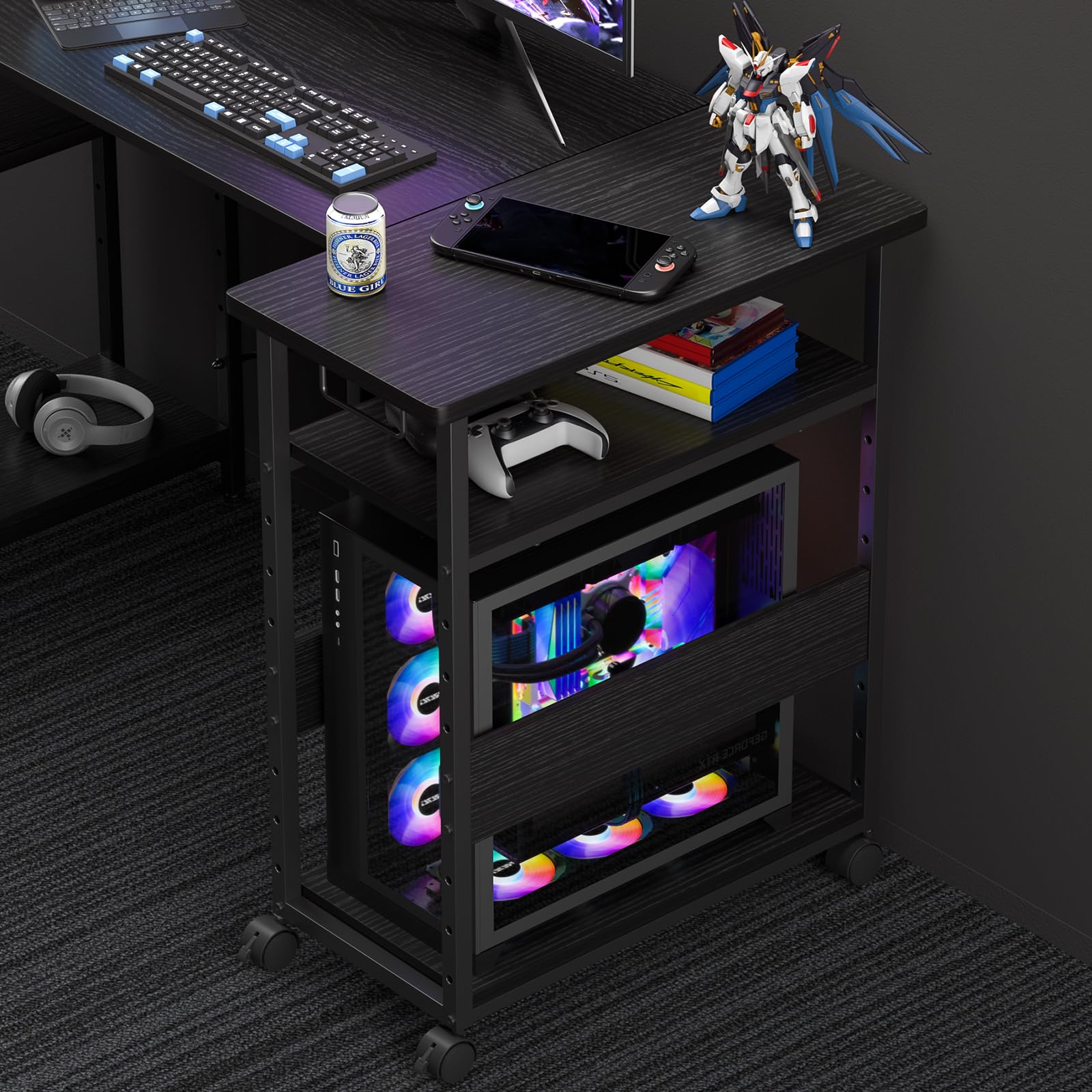 pcラック 3段 pcワゴン【幅30×奥行60×高さ70cm】パソコンワゴン キャスター付き 棚板高さ9段階調節 パソコンラック cpuワゴン 両側取っ手付き プリンターラック サイドデスク 木製 デスクサイドワゴン オフィス収納 (ブラック)