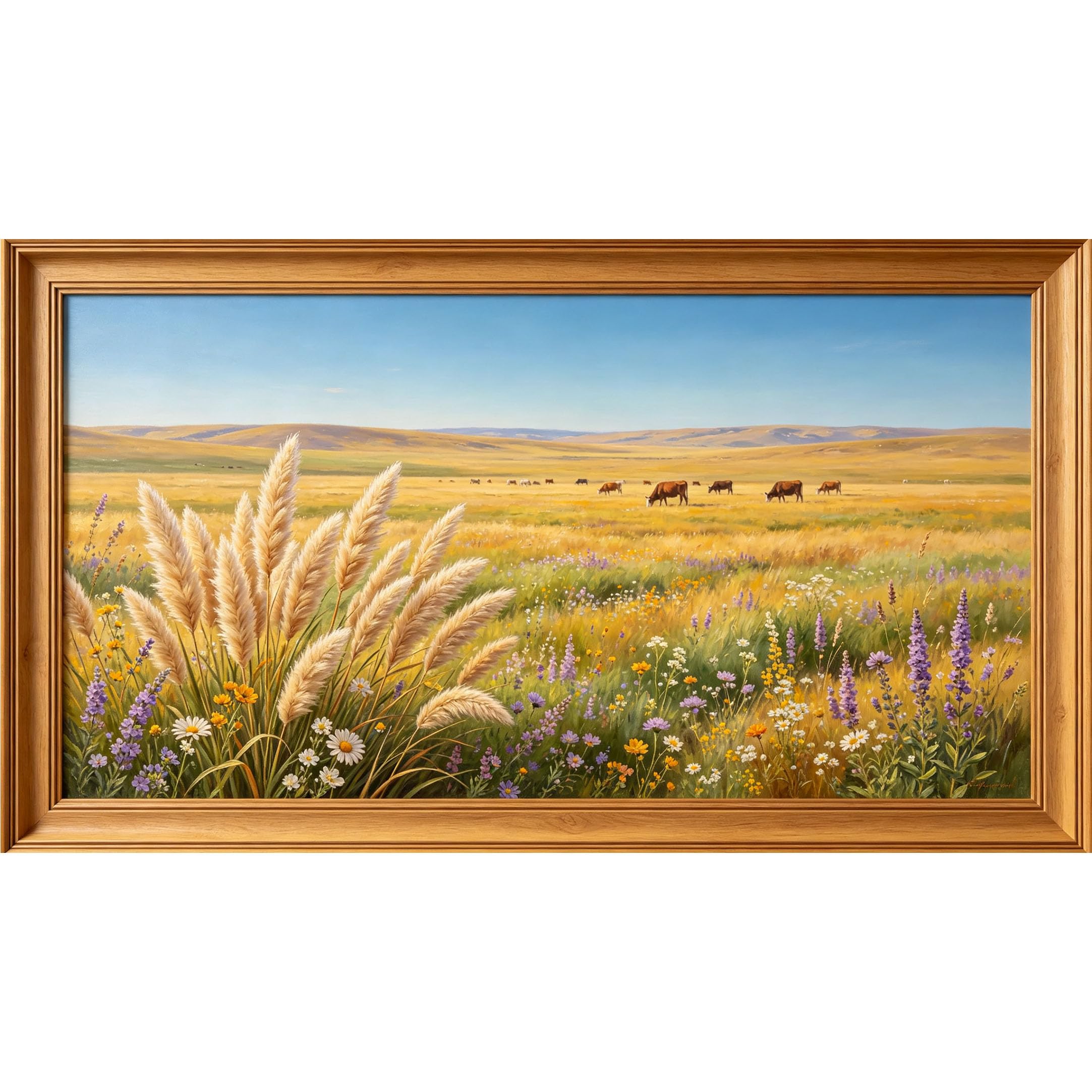 QZLITHOTIC 50×100cm 3D Framed Wall Art， Farmhouse Landscape Meadow Grazing Cows Wildflowers Self?Adhesive Mural， Water?Activated Peel & Stick Fabric Decor Wall Decal for Bedroom Living Room