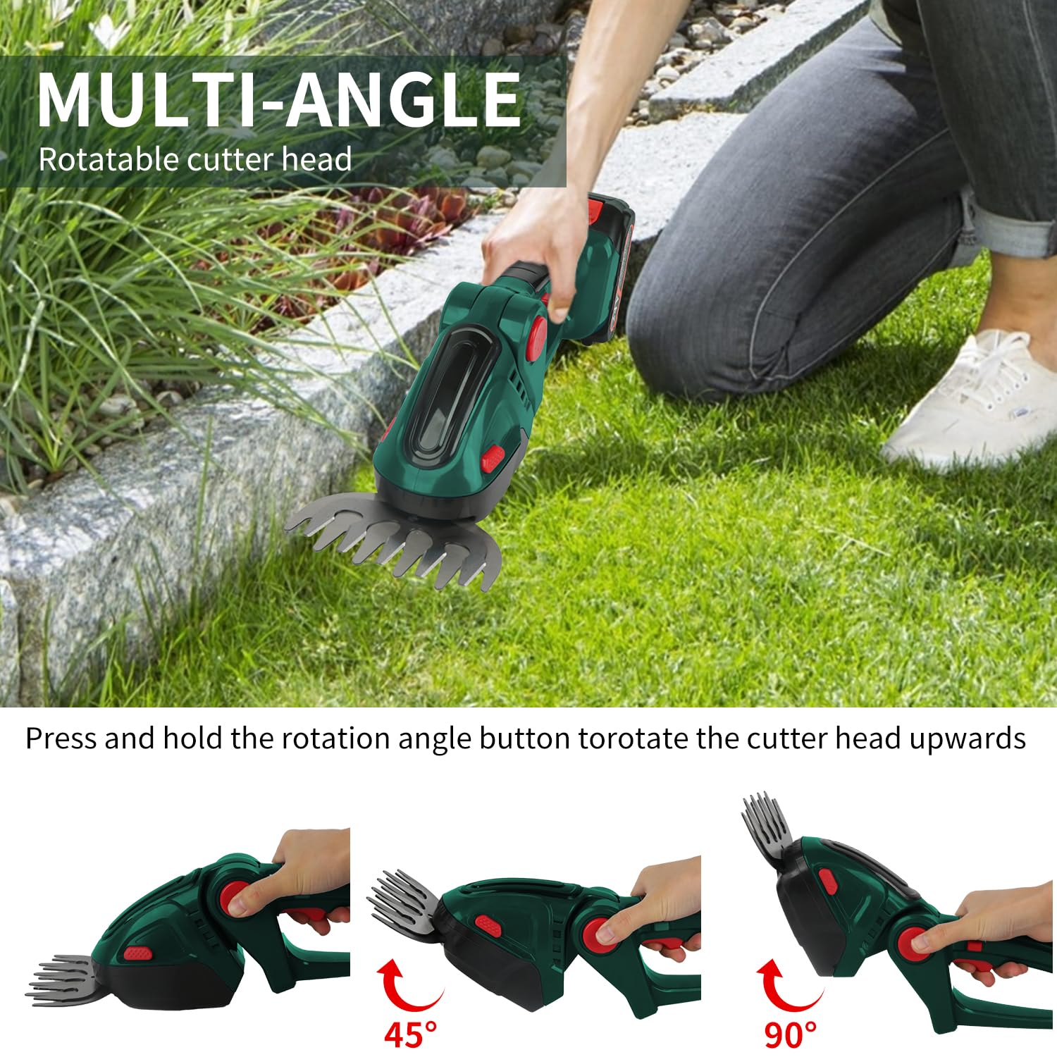 Akku Heckenschere, 21V Elektrische Grasschere, 2-in-1 Strauchschere & Rasenkantenschere mit 4,0Ah Akku, 23cm Heckenschermesser & 12cm Grasmesser, für Garten, Hecken, Büsche, Rasen (Grün)
