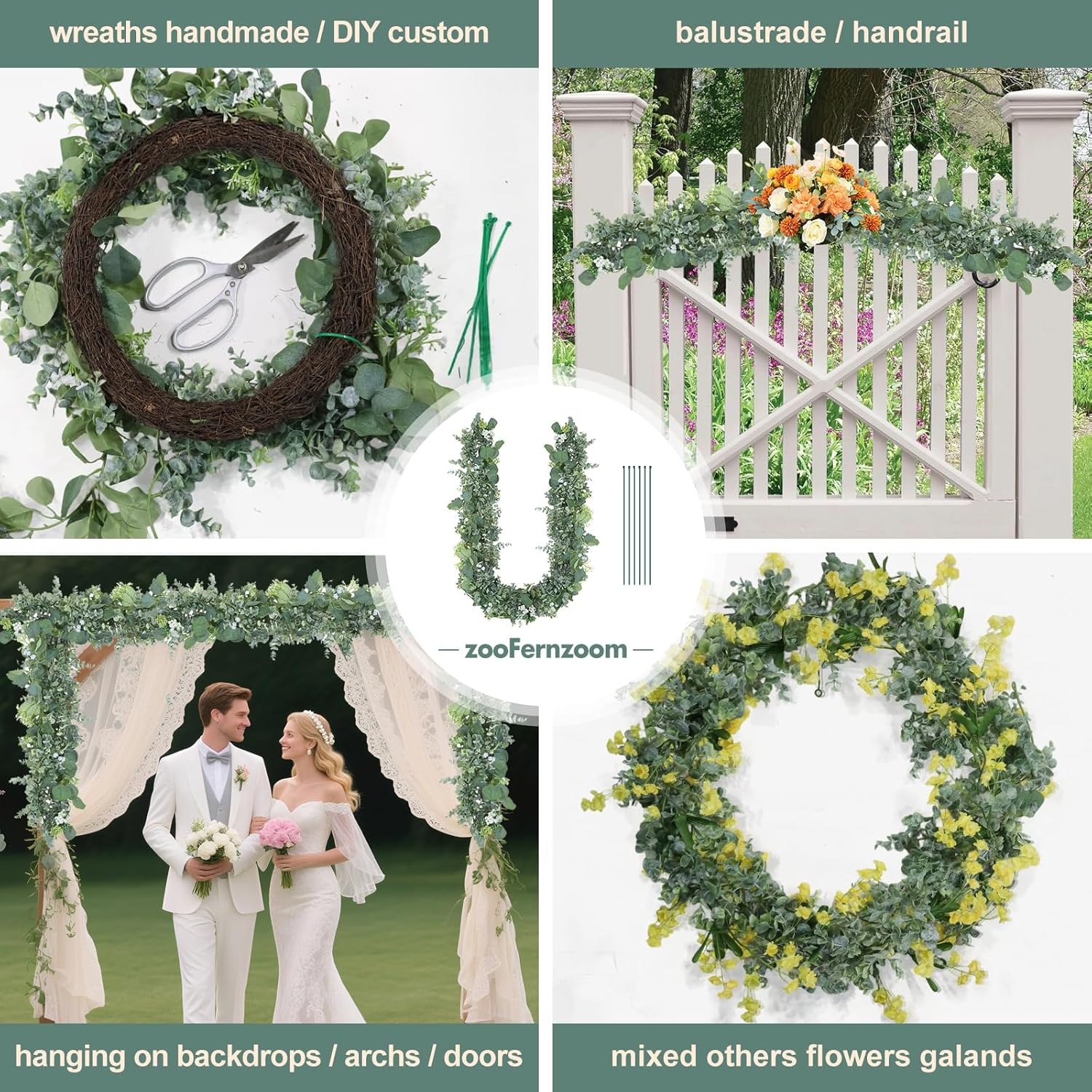 Eucalyptus Garland for Table, 6ft Faux Eucalyptus Garland with White Flowers & Seeds, 2pcs Artificial Eucalyptus Greenery Vines for Wedding Party Table Runner Backdrop Arch Mantle Handmade Wreaths