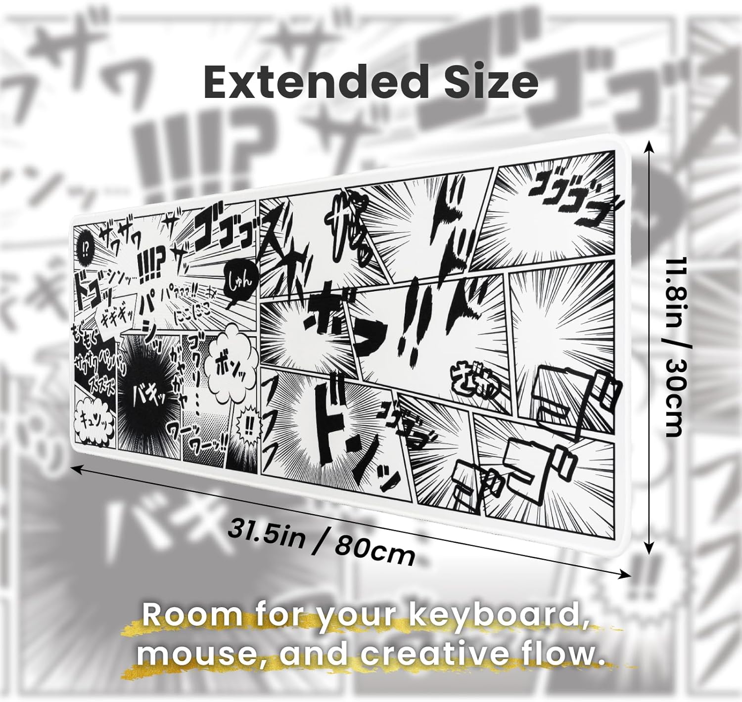 BELLEMOND Japanese Art Desk Mat | Large 31.5x11.8in Anime Mouse Pad for Keyboard & Mouse | Non-Slip Base, Water-Repellent | Original Japanese Design | Manga Burst