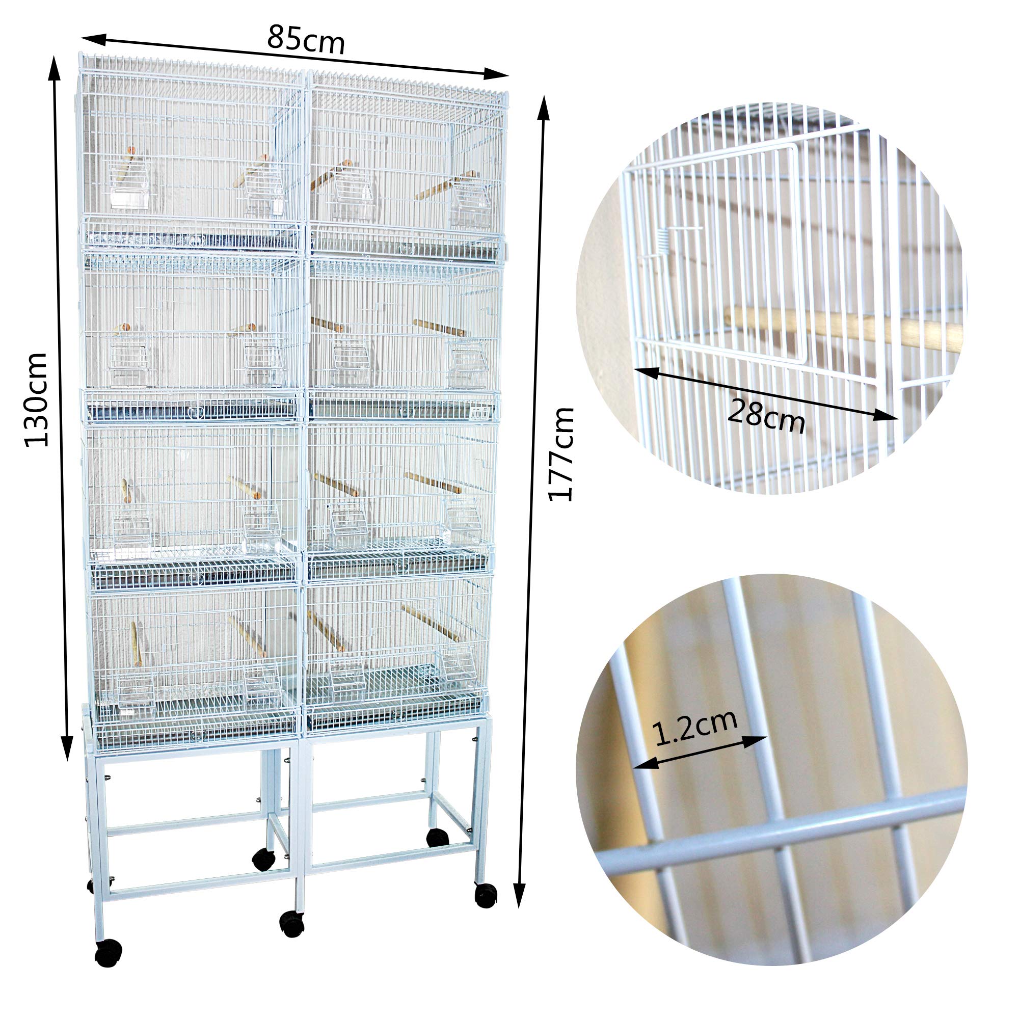 Jaula de Cría para Pájaros Jaula Grande de cría pequeñas Jaula de Aves Loro Canarios con Parque de Juegos Saltado Comedero con Ruedas Color Blanco (L-85 * 28 * 177CM)