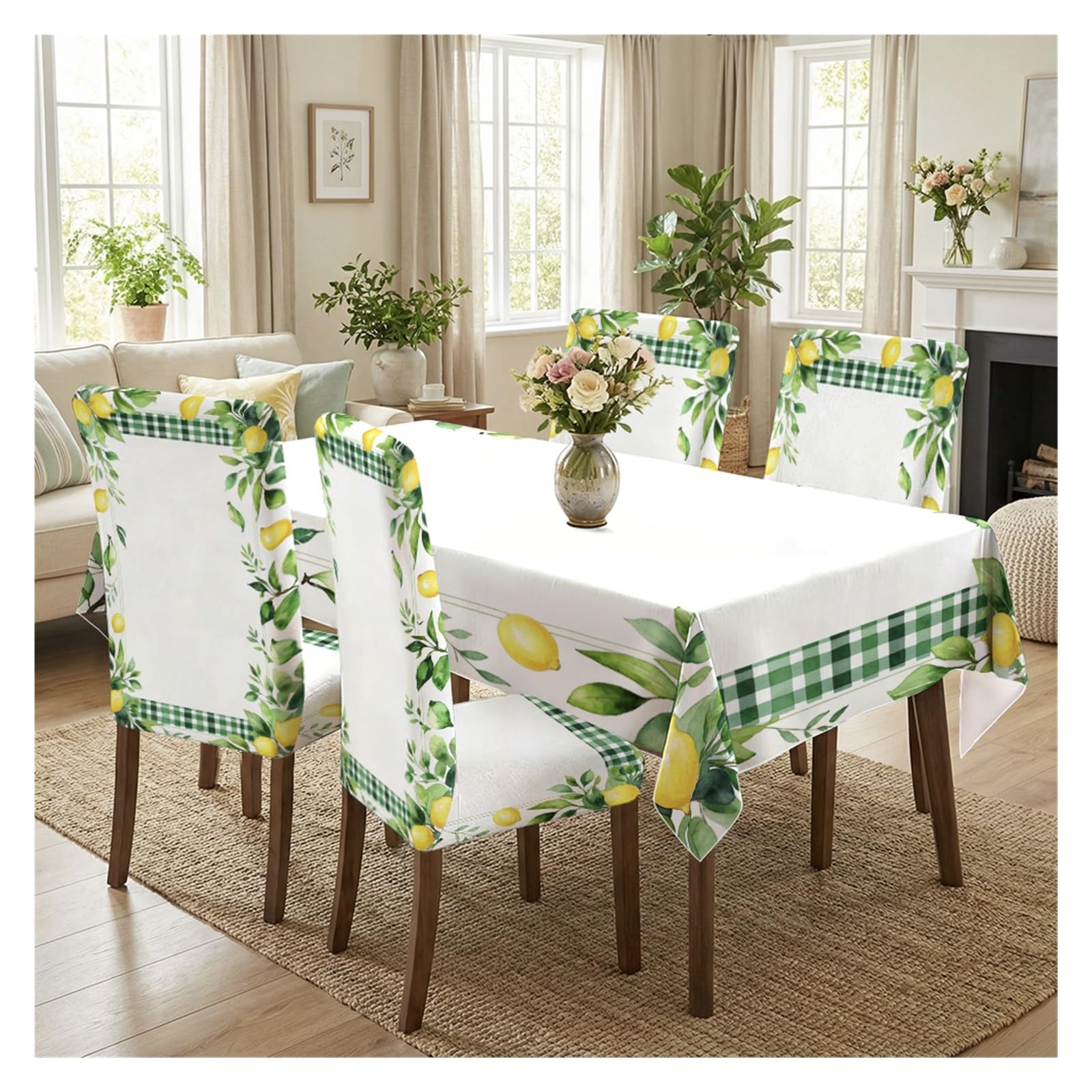 BOSUYBN Watercolor Lemon Green Leaf Gingham Border Printed Dining Tablecloth & Chair Covers Set, 5/7 Piece Fresh Farmhouse Summer Kitchen Decor Table Setting(5pcs Set: Tablecloth+Chair Covers)