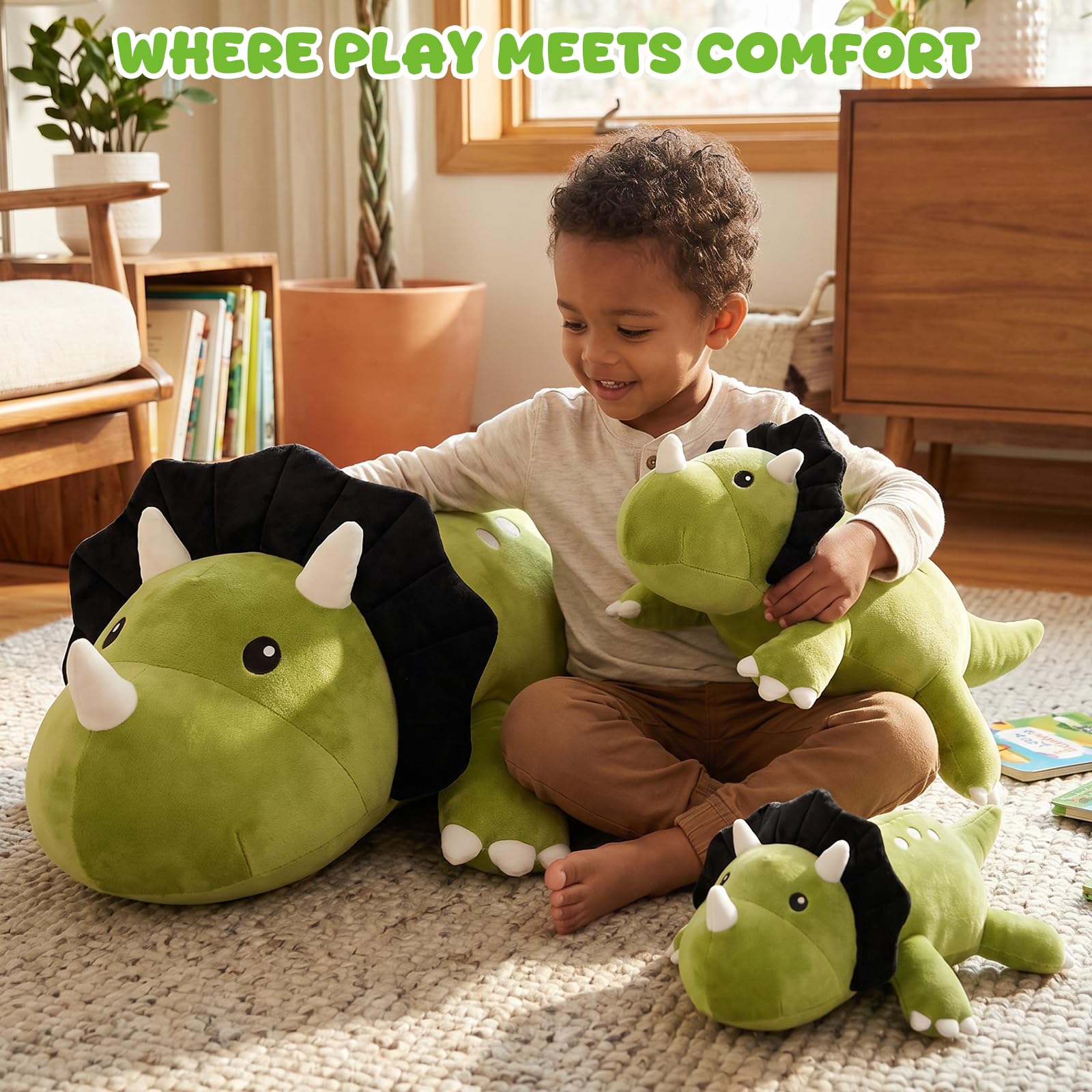 Xfrog Juguetes de dinosaurio con peso, suave almohada de peluche de triceratops con peso, lindo juguete de tela de dinosaurio de regalo para niños y adultos 60CM