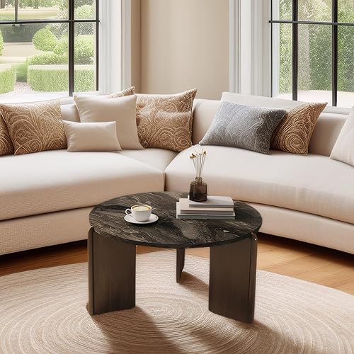 Miniatura 7 de Travertine - Mesa de centro con textura de 31.5 pulgadas, moderna mesa de centro de mármol sintético, mesa central de círculo bajo para sala de Gris