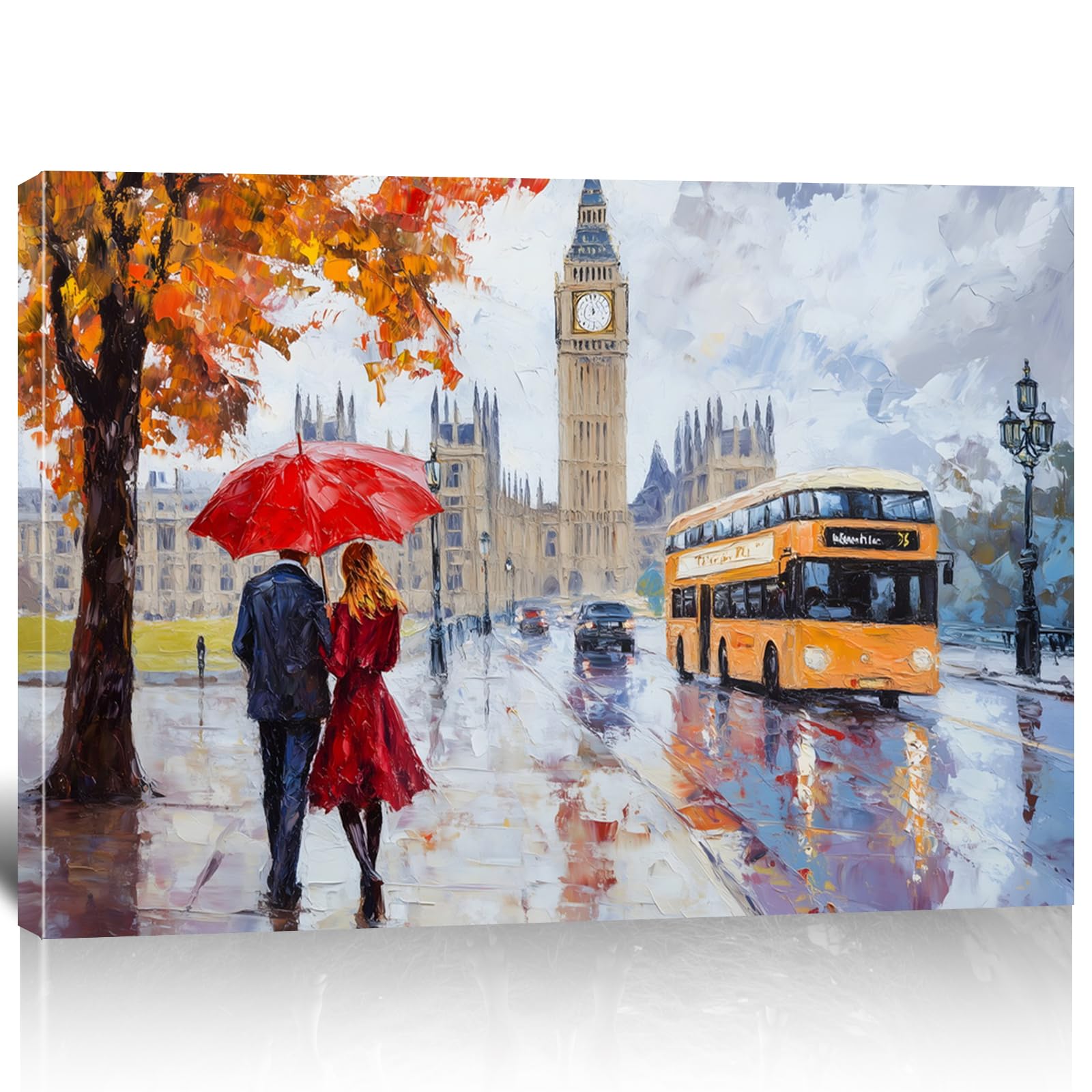 Romantic London Wall Art Canvas Print, Couple Under Red Umbrella in Rain, Autumn City Street Scene Artwork, Modern Home Decor for Living Room Bedroom Hallway Office (A, 24*16 in, Wrapped Canvas)