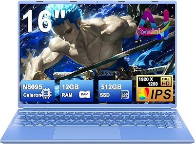 Gaming Laptop 16 Zoll Win11 12+512GB SSD Unterstützung 2TB(HDD-2TB) 1920×1200 Notebook 4-Core Celeron N5095 (bis 2.9GHz) Laptop mit Nummerntastatur WiFi Mini HDMI Deutscher Tastaturschutz-Blau