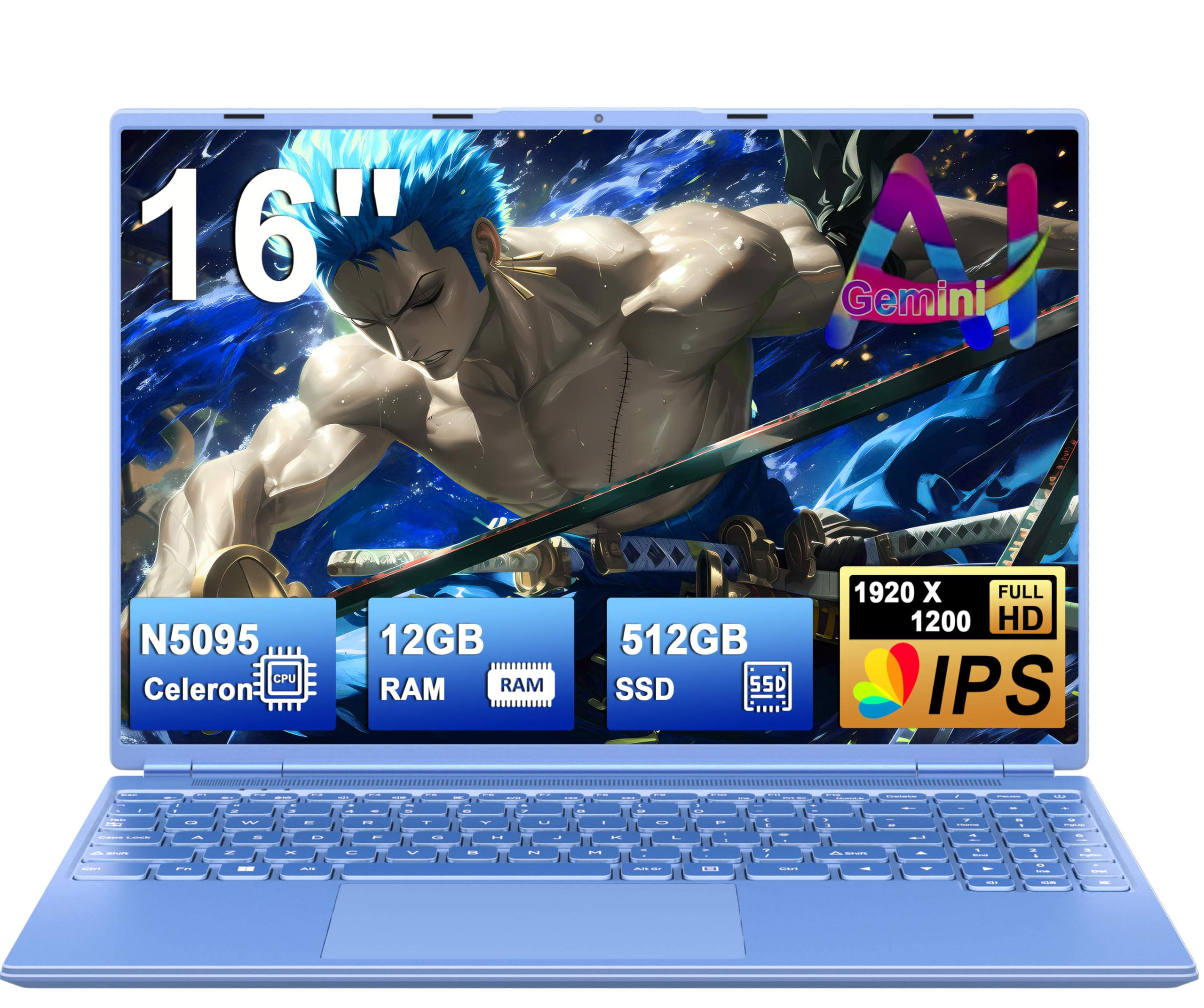 Gaming Laptop 16 Zoll Win11 12+512GB SSD Unterstützung 2TB(HDD-2TB) 1920x1200 Notebook 4-Core Celeron N5095 (bis 2.9GHz) Laptop mit Nummerntastatur WiFi Mini HDMI Deutscher Tastaturschutz-Blau