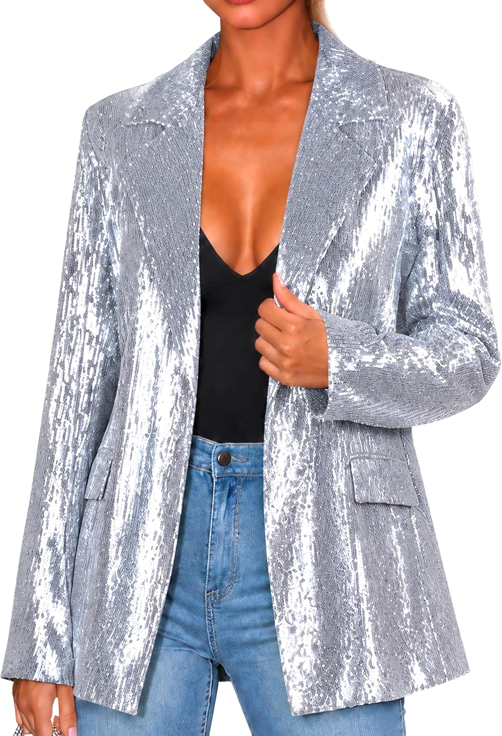 Women's Sequin Blazer Sparkly Open Front Jacket Glitter Long Sleeve Tuxedo with Belt Party Disco Clubwear Prom Suit