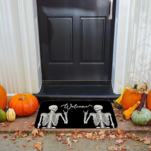 Miniatura 4 de Tapete para puerta de Halloween, divertido tapete de bienvenida antideslizante con diseño de calavera, tapete de bienvenida para interiores y