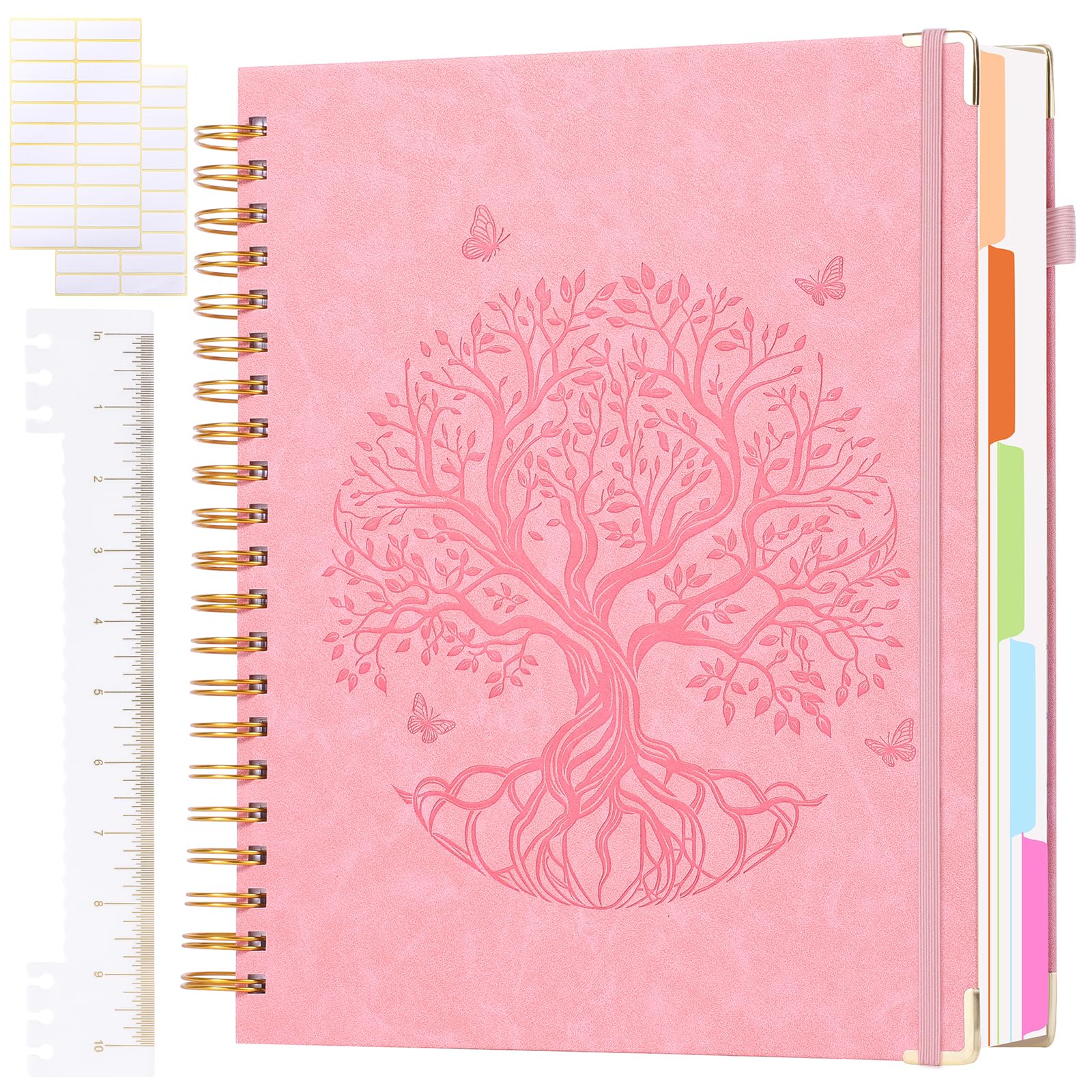 Quaderno a spirale con 5 divisori rimovibili, 21,6 x 27,9 cm, a righe, 300 pagine, copertina rigida, diario in pelle per donne e uomini, senza sbavature, quaderni per lavoro e scuola, rosa