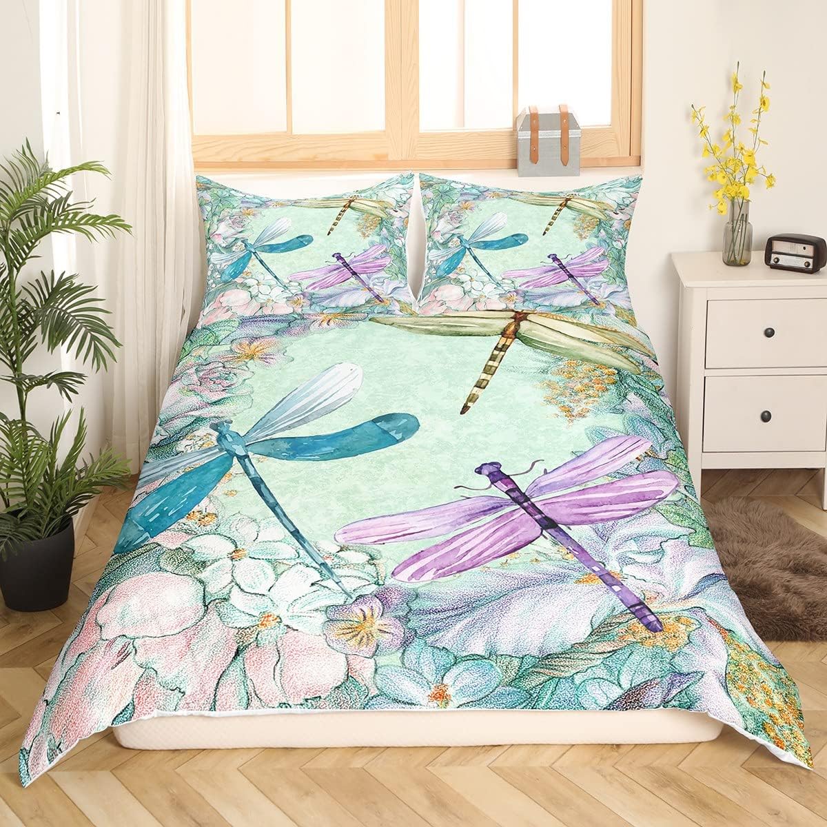 Feelyou Girls Dragonfly Bedding Set Floral Dragonfly Duvet