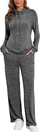 Famulily Cowl Neck Womens Tracksuit Sets Drawstring Long Sleeve Pullover Top and Elastic Waist Wide Leg Pants with Pockets