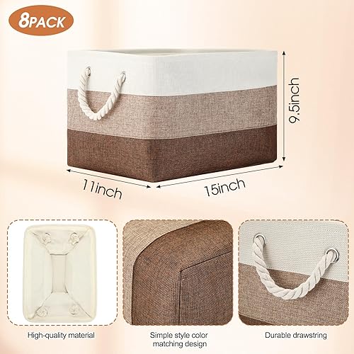 Vista 22 de meekoo Paquete de 8 contenedores plegables de almacenamiento de tela, cestas de tela de poliéster con asas, organizador de armario de lino para Gris