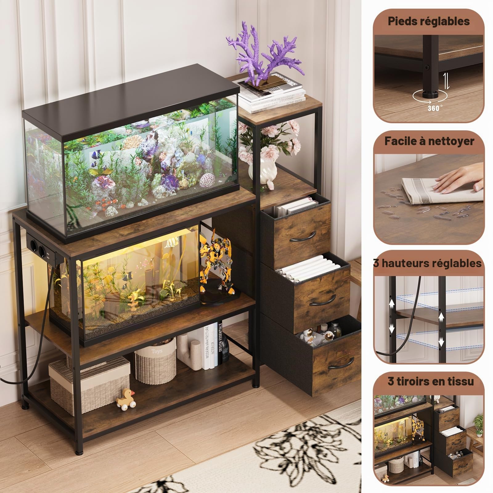 VEDECASA Support pour aquarium de 20 gallons, armoire inférieure avec prises d'alimentation, étagère d'aquarium avec 3 tiroirs rustiques, table à 3 étages pour aquarium, reptiles et terrariums