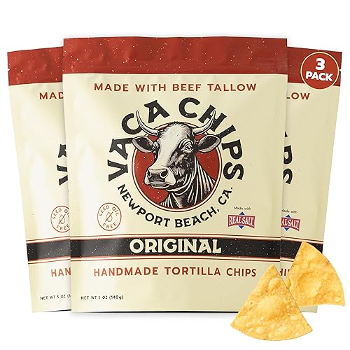 Vaca Chips  Chips de tortilla de sebo de vaca, sabor original  Pack de 3 bolsas de 5 onzas  Botana sin aceite de semillas, hecha con maíz orgánico y