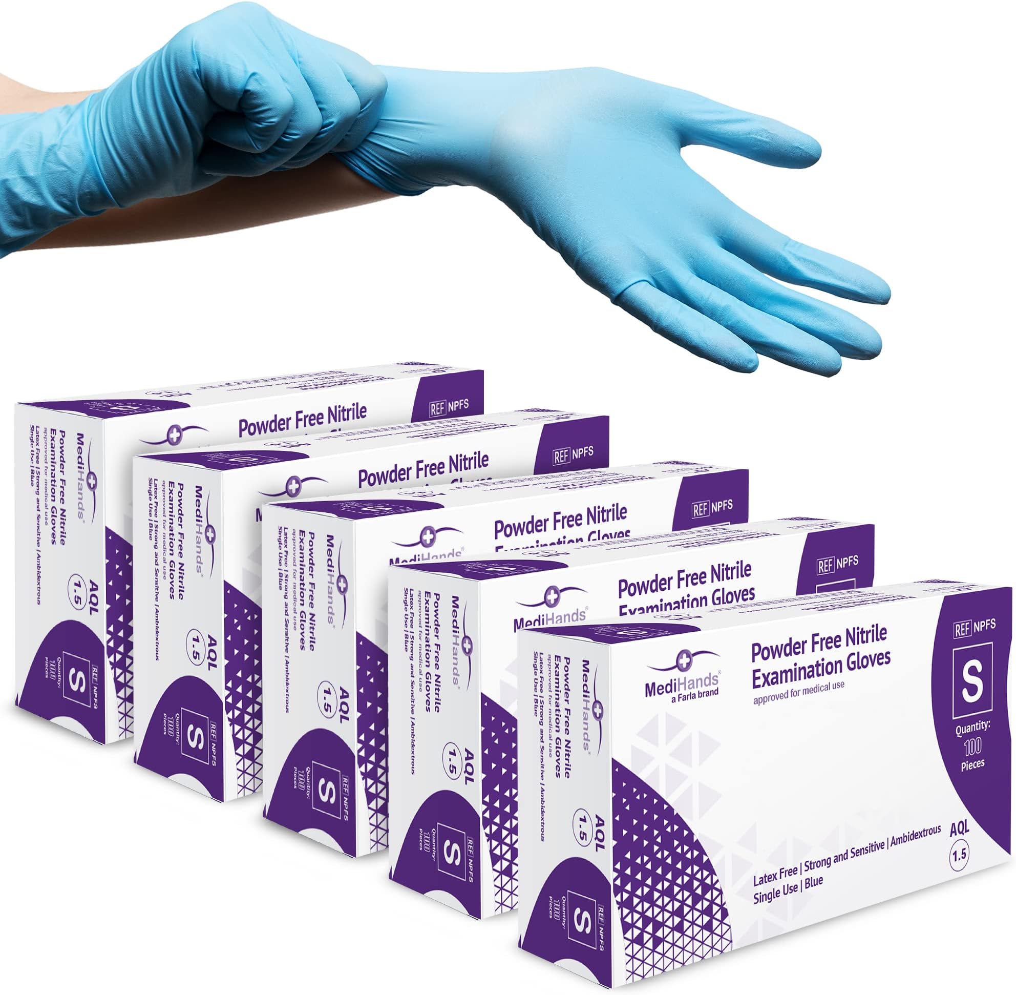 MediHands Nitrile Gloves Small, Blue Heavy Duty Disposable Glove and Surgical Gloves, Powder Free and Latex Free, Medical, Food, Multi Use, Pack of 500