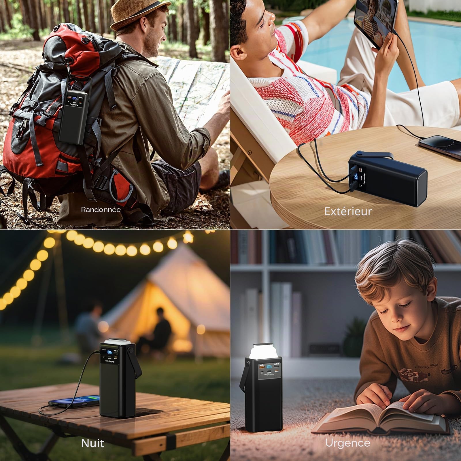 60000mAh Batterie Externe Power Bank PD45W Charge Rapide Chargeur Externe avec 4 Câble Intégré 7 Sorties,USB C Grosse Batterie Portable avec Lampe de Poche & Affichage LED pour Smartphones Camping