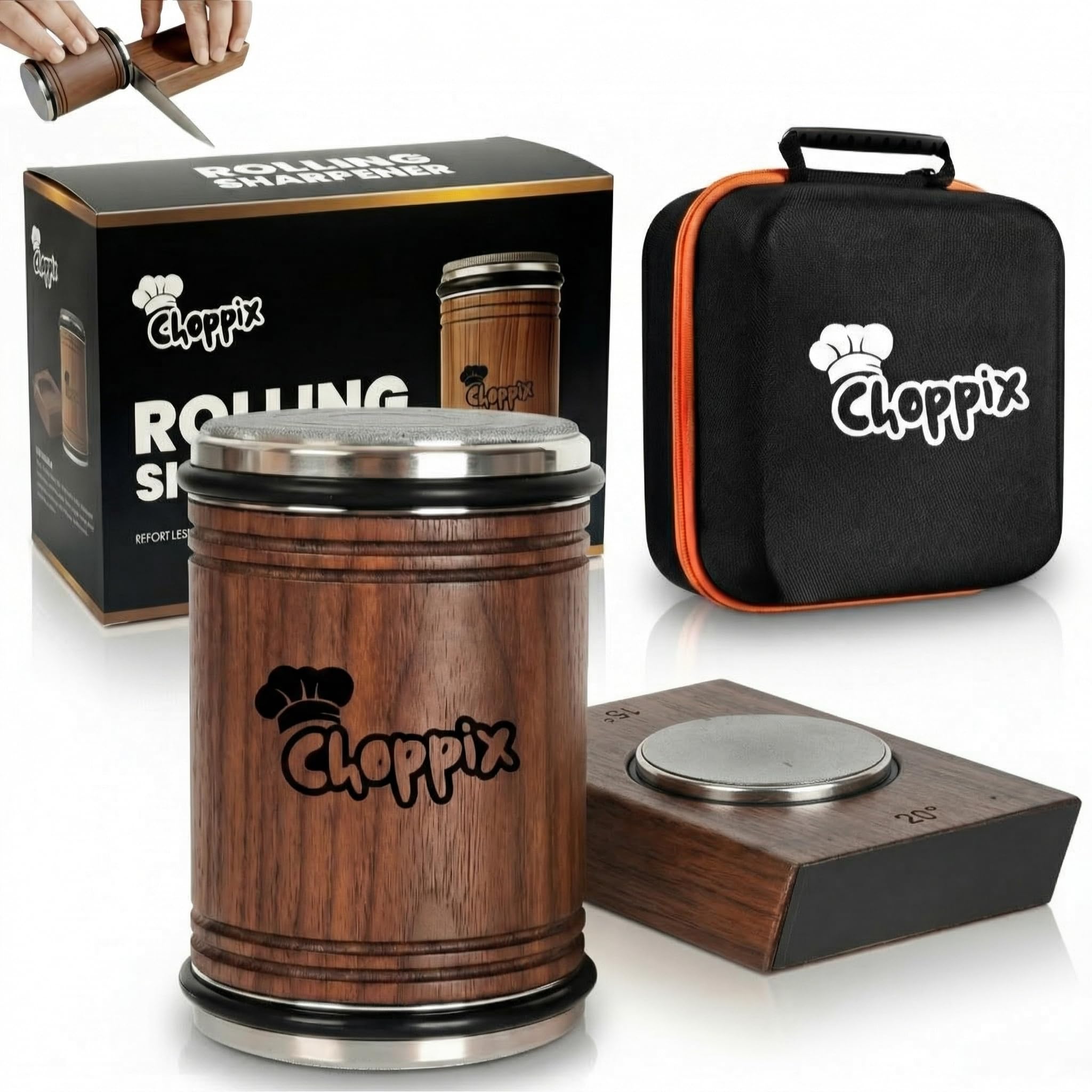 Choppix Rolling Knife Sharpener Walnut Wood Kit with Carry Bag | Detachable Magnetic Base #400 Grit Sharpening Stone, 15° & 20° Angle Guides, Diamond & Ceramic Honing Discs for Razor-Sharp Edges