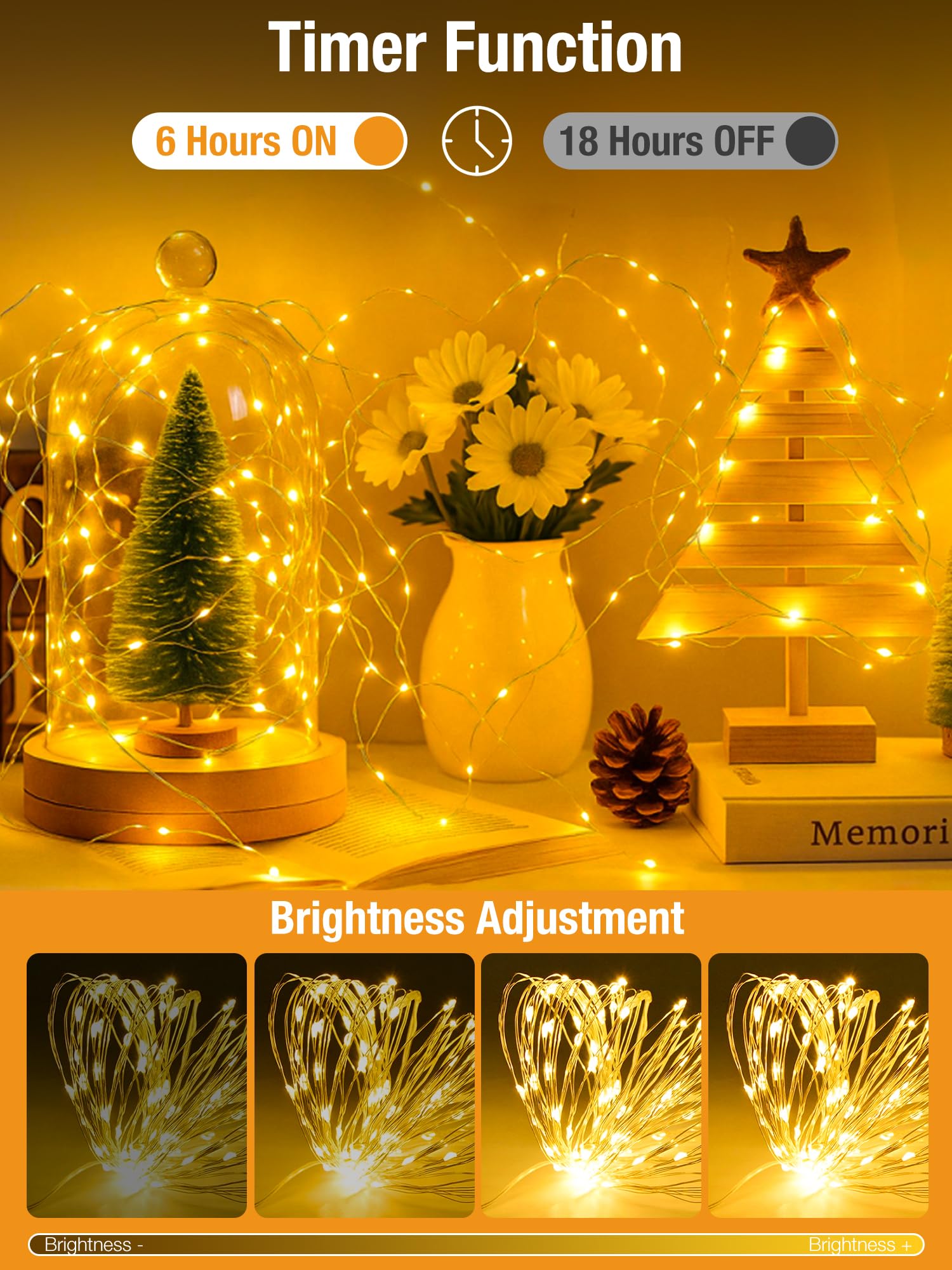 Btfarm Lot De 2 Guirlande LED à Pile Avec Minuterie, 2m 20 LED Petite Fairy Lights En Fil D'Argent, IP65 Étanche Guirlande Lumineuse Pile Pour Décoration Chambre Noël Maison Halloween Blanc Chaud