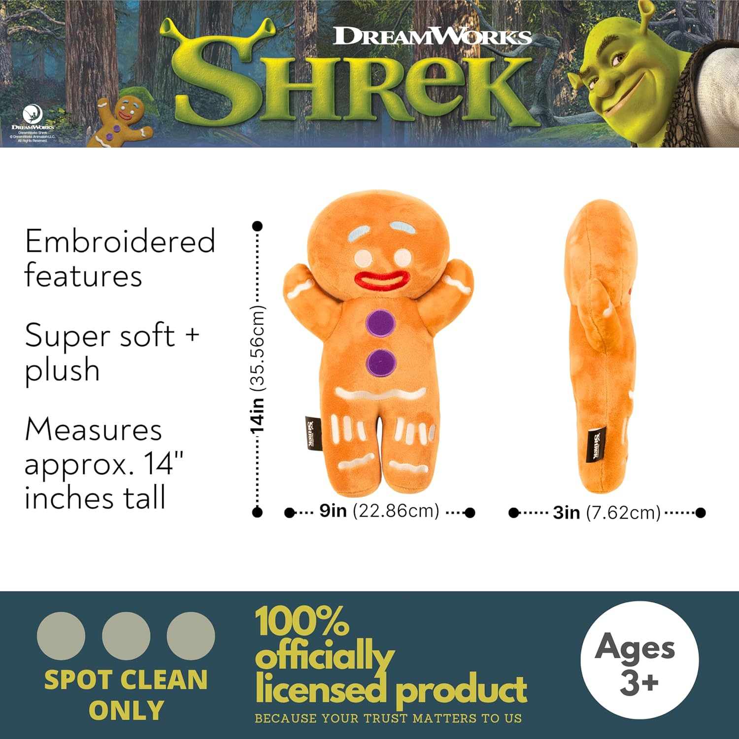 Shrek Gingy The Gingerbread Man Bedding Super Soft Plush Cuddle Pillow Buddy, (Officially Licensed Product) By Franco
