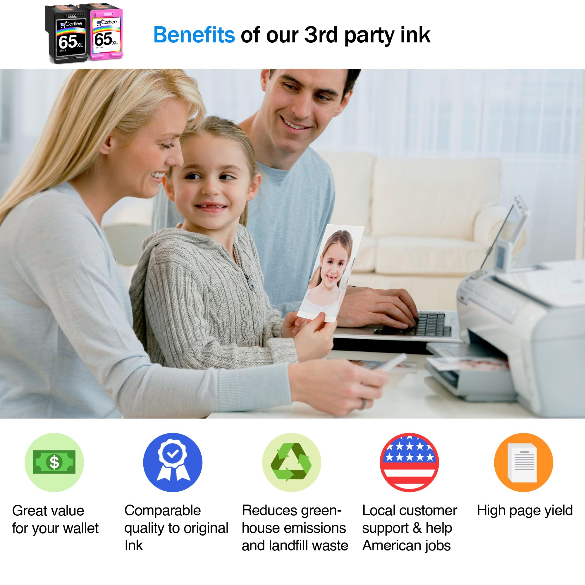 Cartlee Cartucce d'inchiostro rigenerate di ricambio per HP 65XL 65 XL per DeskJet 2600 2622 2635 2652 2655 3700 3720 3722 3752 3755 Envy 5000 5052 5055 AMP 100 nero e Confezione da 2 colori combinati