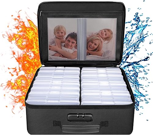 ENGPOW Caja de almacenamiento de fotos ignífuga con 12 fundas interiores de 4 x 6 pulgadas (transparente), organizador de caja de fotos con
