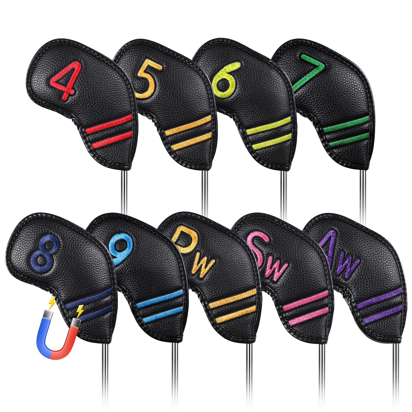 FINGER TEN Magnetic Golf Club Headcovers Value 9 Pack for Iron & Wedge, Premium PU Leather with Double-Sided Colorful Embroidery Number Label, Covers with Enhanced Shaft Protection for Golfers (Black)