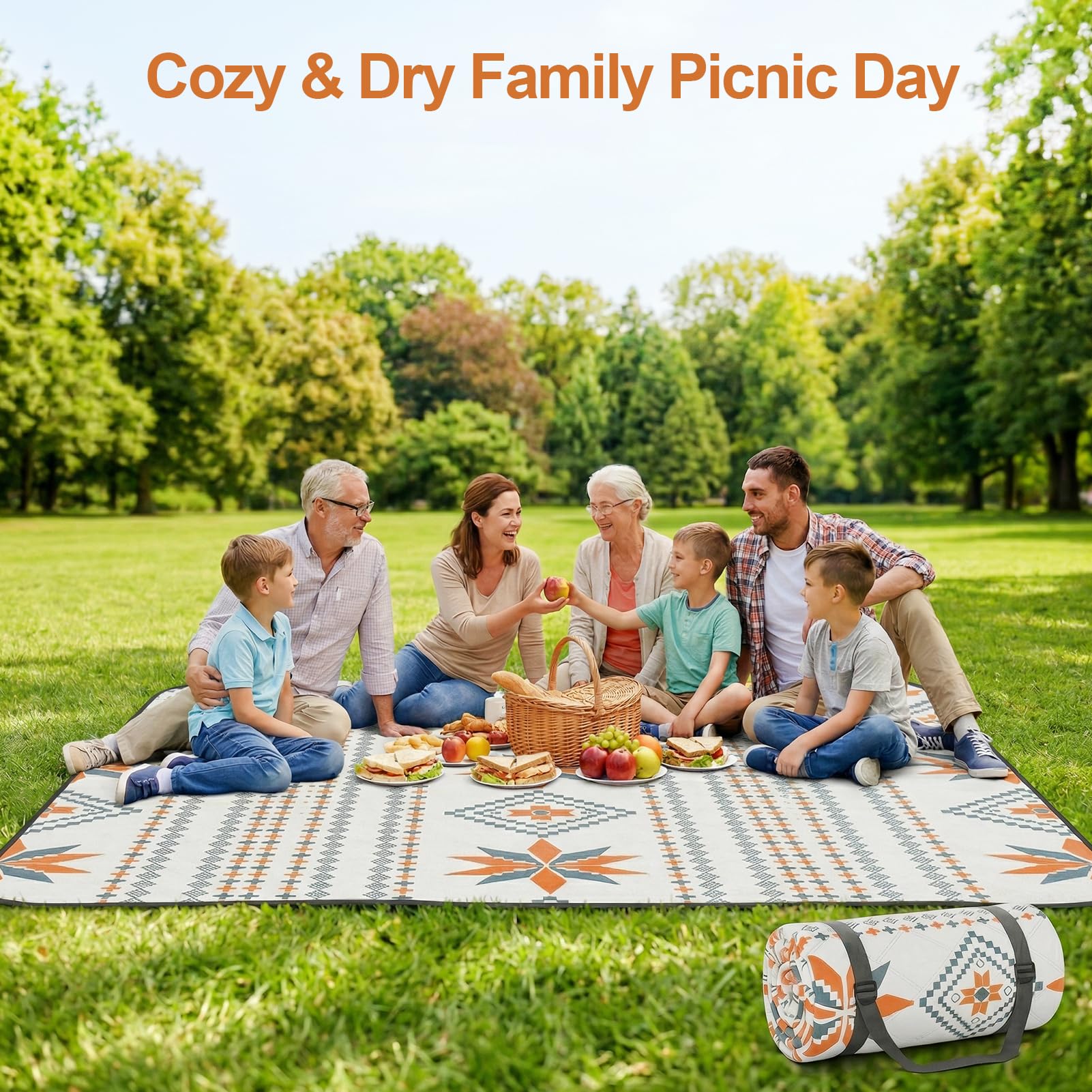Koc piknikowy HUTHIM 200 x 300 cm, wodoodporny, nadający się do prania: koc kempingowy na suchy piknik, grill, bez piasku, z uchwytem do przenoszenia, mata plażowa, piesze wycieczki, podróże