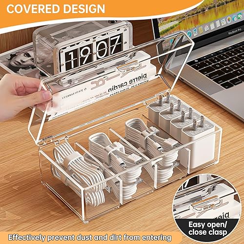 Miniatura 2 de Paquete de 2 cajas organizadoras de cables con tapa, caja organizadora de cables de carga transparente con 4 compartimentos y 20 bridas de cables,