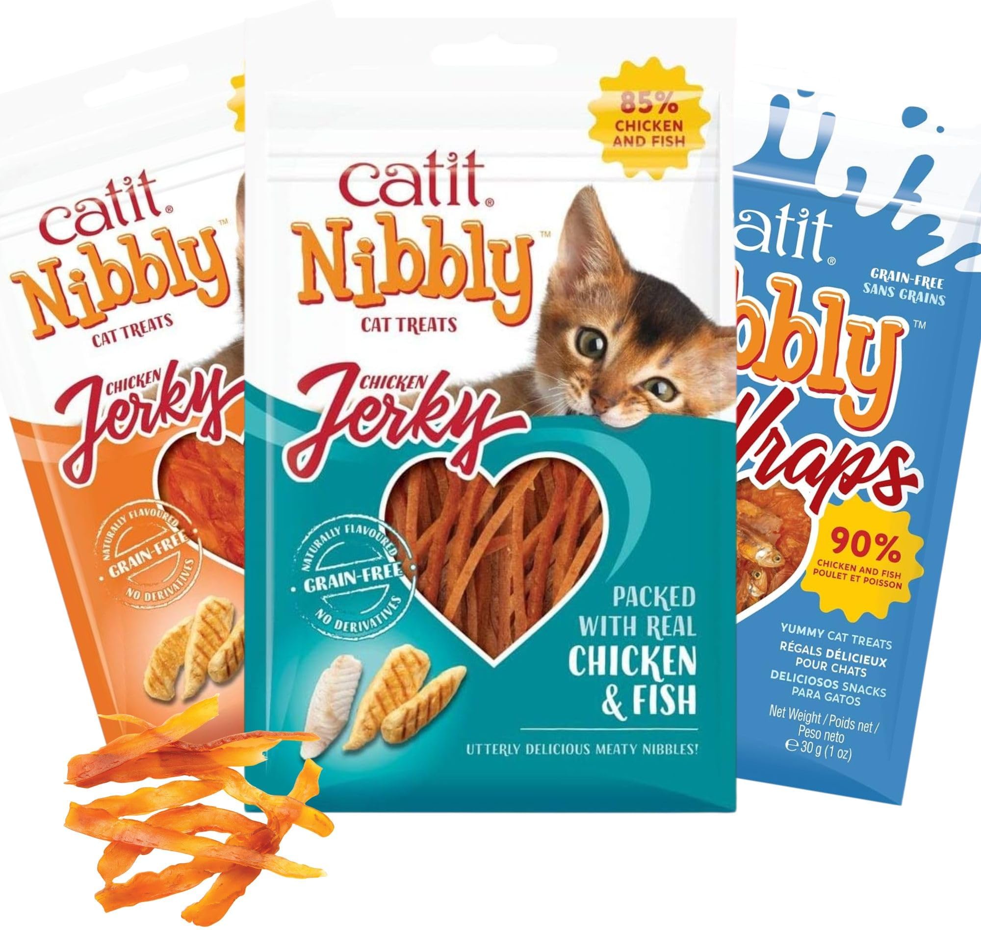 Nibbly Treats Trio - Chicken & Fish Jerky + Chicken Jerky + Chicken & Fish Wraps, 1.06-oz Bags - Grain-Free Snacks for Cats