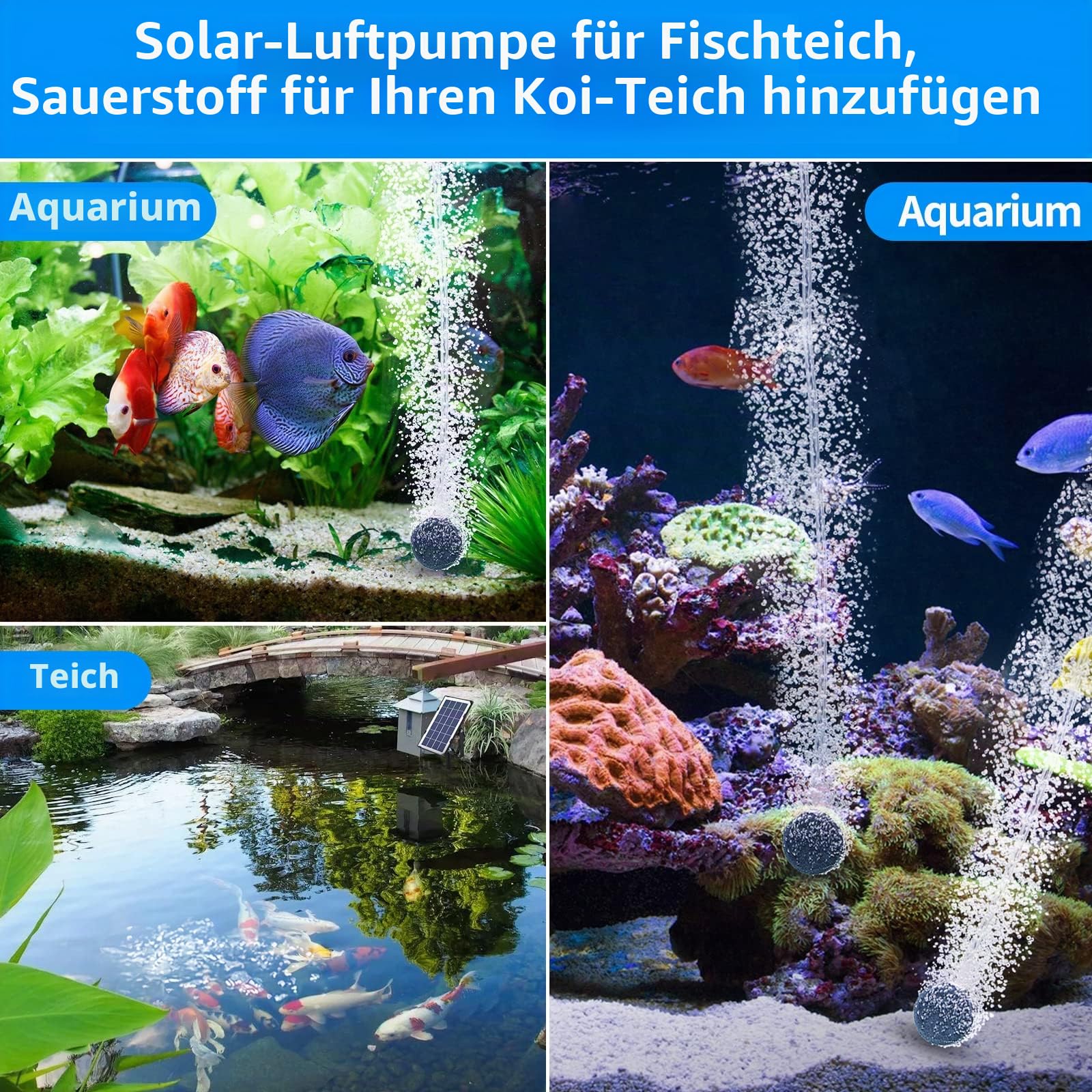 3W Solar-Teichbelüfterpumpe mit 2 Luftsteinen für Teich, Aquarium | 0,9 L/Min Luftleistung, Integrierter Überladungsschutz, Solar Betrieben ohne Stromkabel, Erhöht den Sauerstoffgehalt
