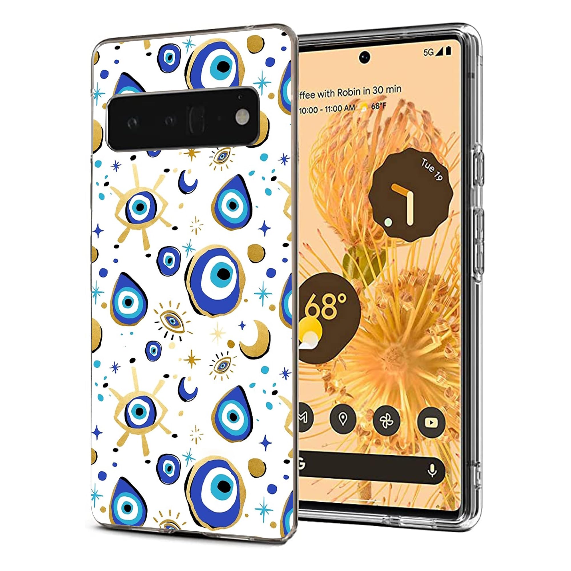 Compatible with Google Pixel 6 Pro Case - Fantasy Blue Gold Evil Eye Phone Case Slim Soft TPU Shockproof Protective Cover Case