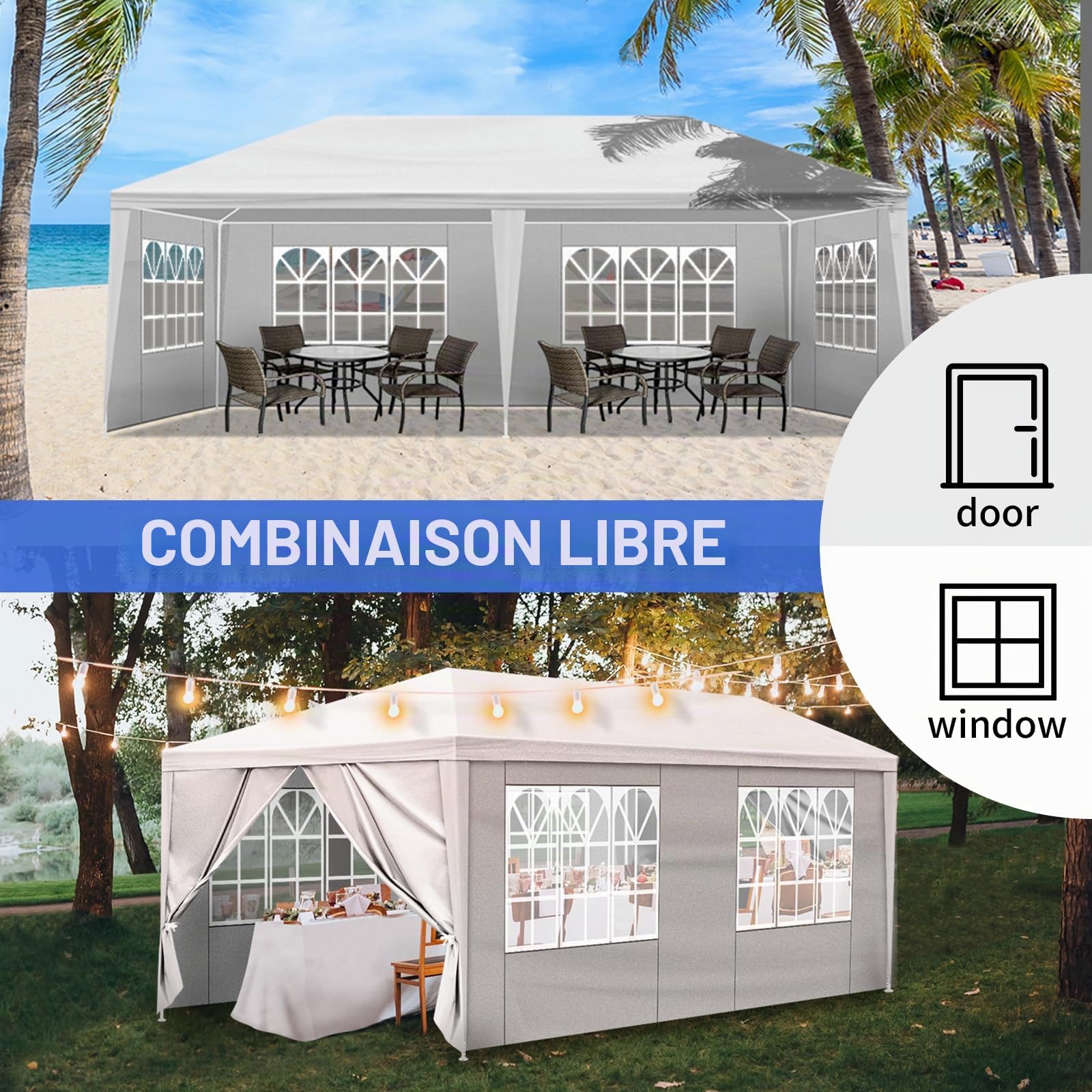 Bonnlo Tonnelle de Jardin 3x6 avec 6 Parois Latérales Amovibles en bâche PE Tubes en Fer Barnum Stable et résistant Gazebo de Jardin pour marchés Festivals Camping Mariages Blanc (3x6m 6parois)