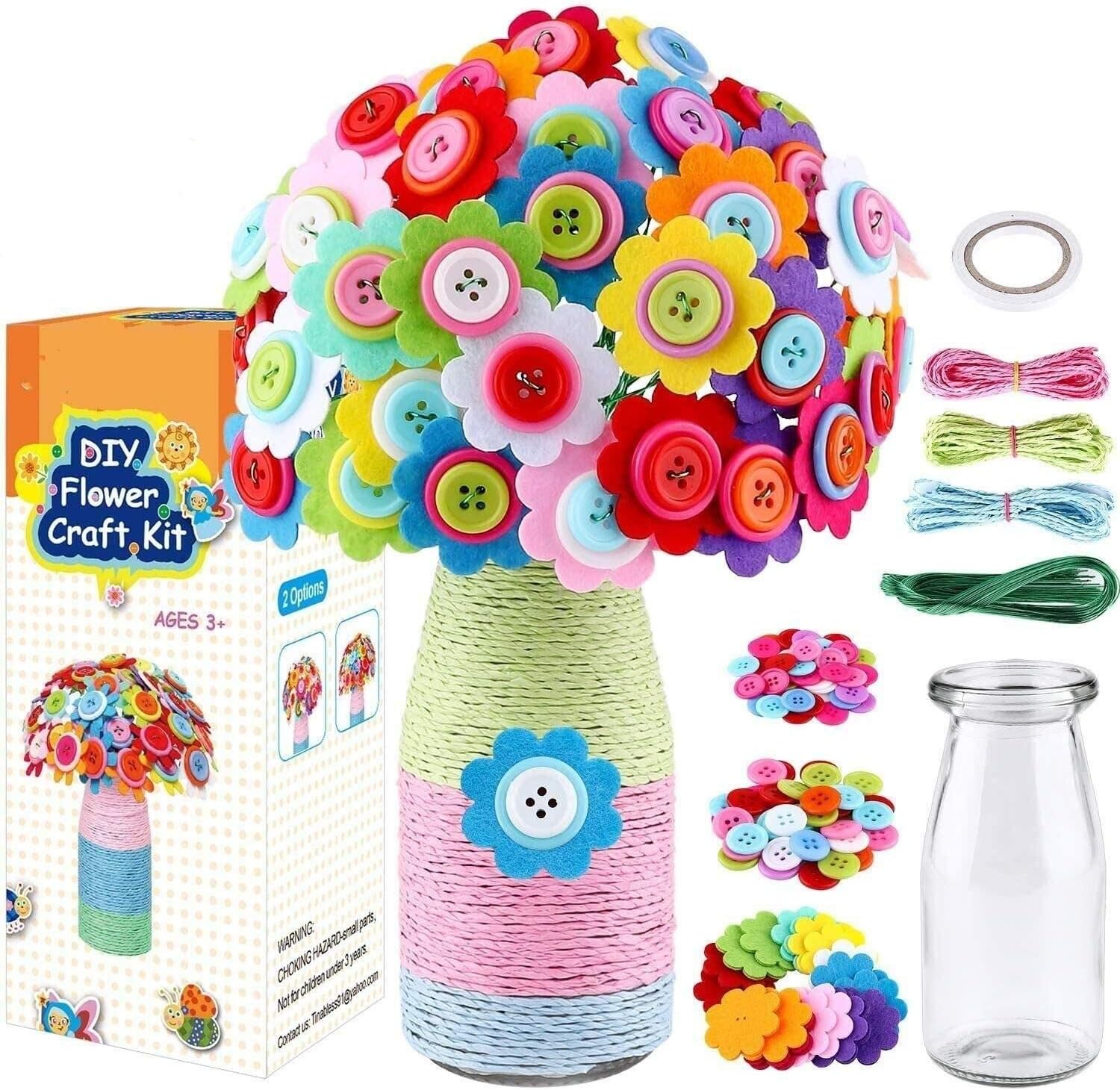 LEHSGY Flower Craft Kit for Kids - Colorful Button & Felt Flowers, Vase Art Toy & Craft Project for Children, DIY Activity Gift for Boys & Girls Age 4 5 6 7 8 9 10 Years Old