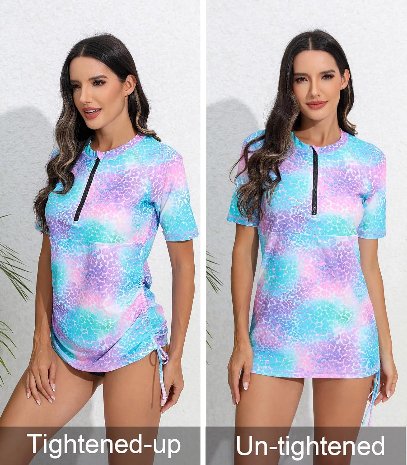 Halcurt Women's Half Zip Short Sleeve Rash Guard Swim Shirt with Tie Drawstring UPF50+ Swimsuit Top - Image 2