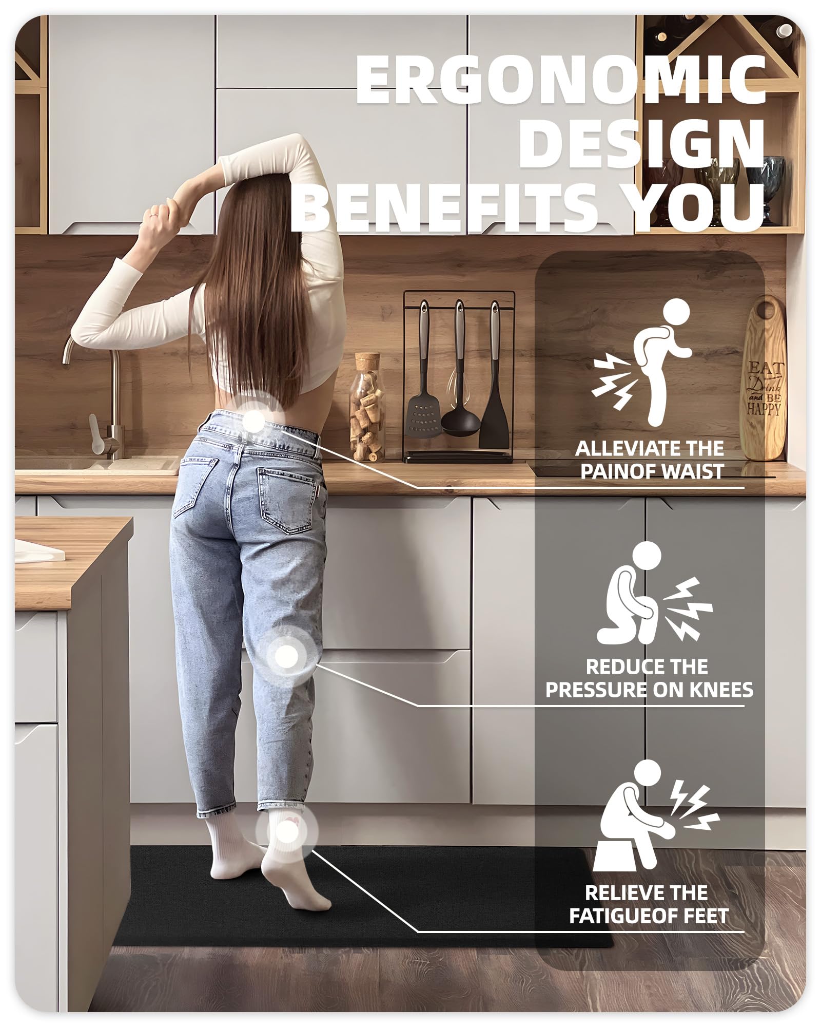 COLOR&GEOMETRY Tapis de Cuisine Anti-Fatigue 51x99 cm, antidérapant Coussin de 23mm d'épaisseur, imperméable, Tapis de Sol rembourré et Confortable pour la Maison, Bureau Debout, Bureau, Noir