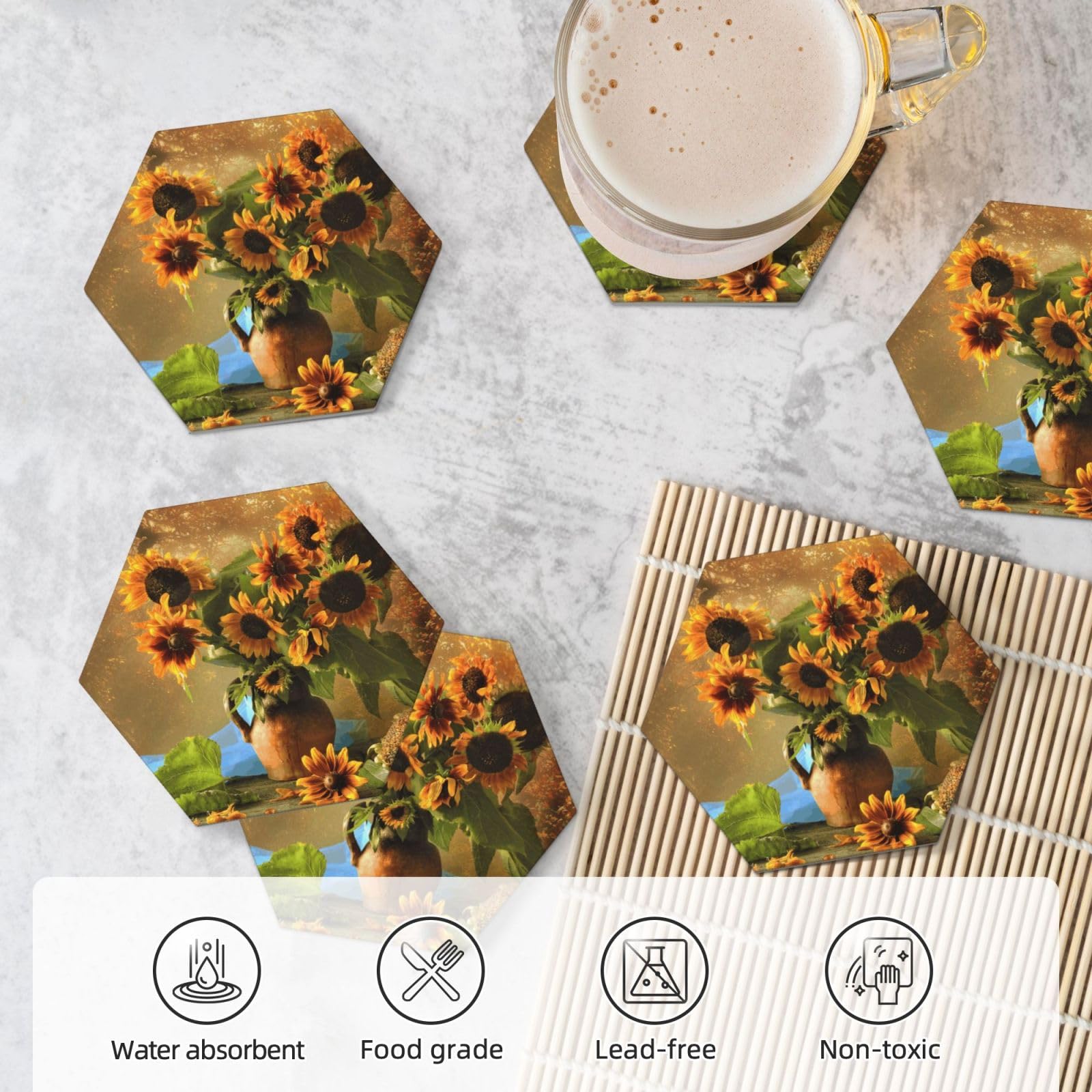 Set di 6 sottobicchieri decorativi in ceramica con stampa di girasole