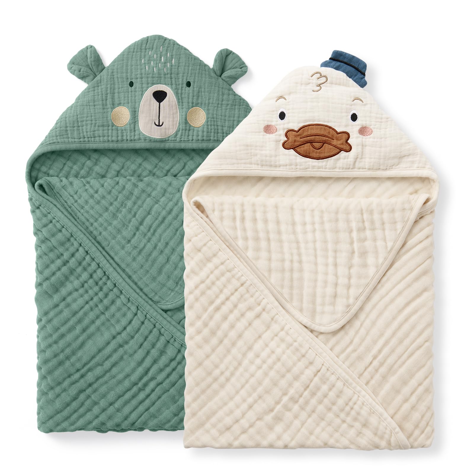 Blissful Diary Musselin Baby kapuzenhandtuch Baby, 2er-Pack,Weiche und Saugfähige Baby Handtuch Kapuze, Baumwolle Baby Badetuch Unisex, Babygeschenk, Baby-Basics, 81x81cm, Bär & Ente