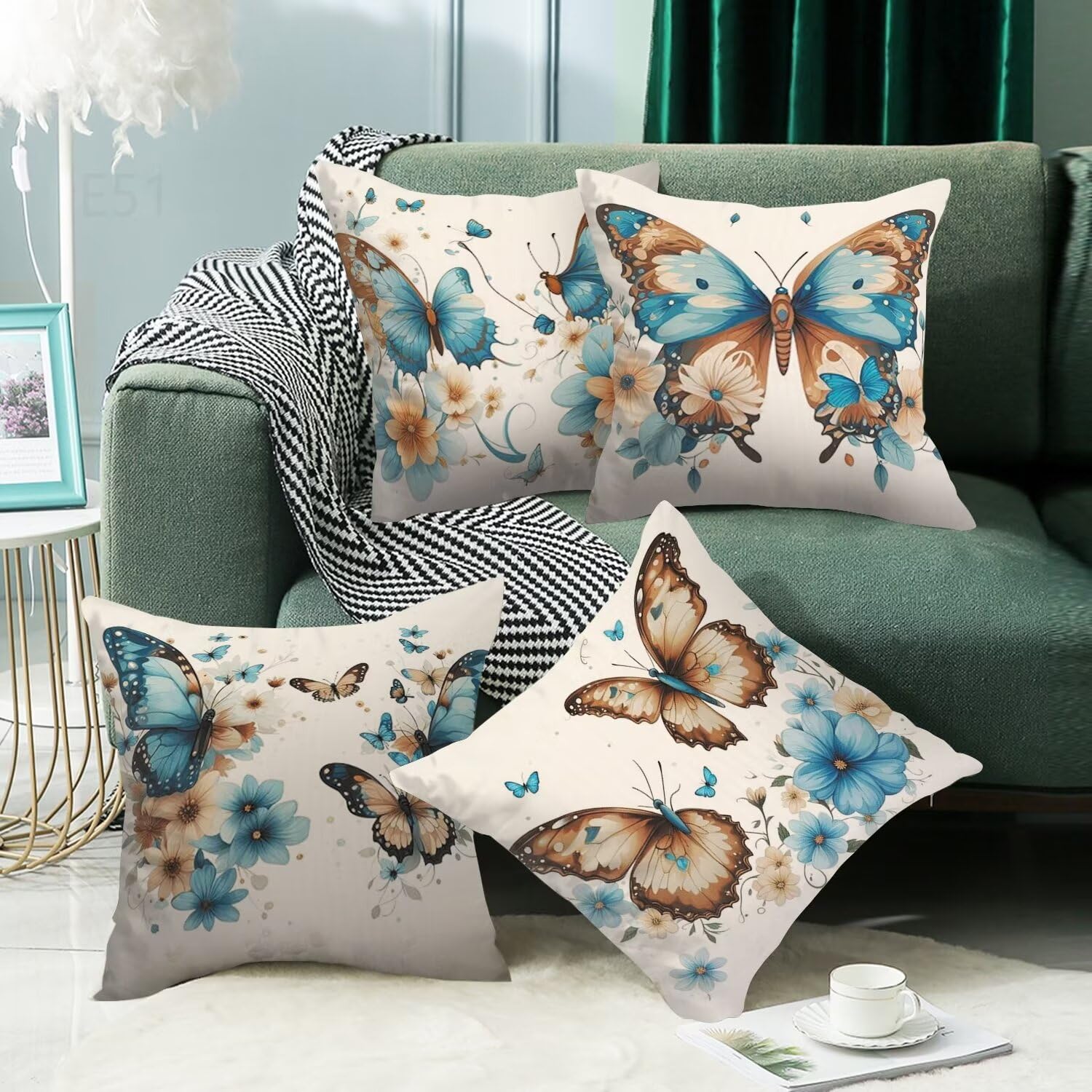 Cachi Federe Cuscini Divano 60x60cm,4 Pack Farfalla Estate Esterno Cuscini per Divano,Doppio Lato Quadrato Morbido Cuscini Divano,per Divano Soggiorno Sedia Autunno Dekoration Cuscino,Regali LY-51