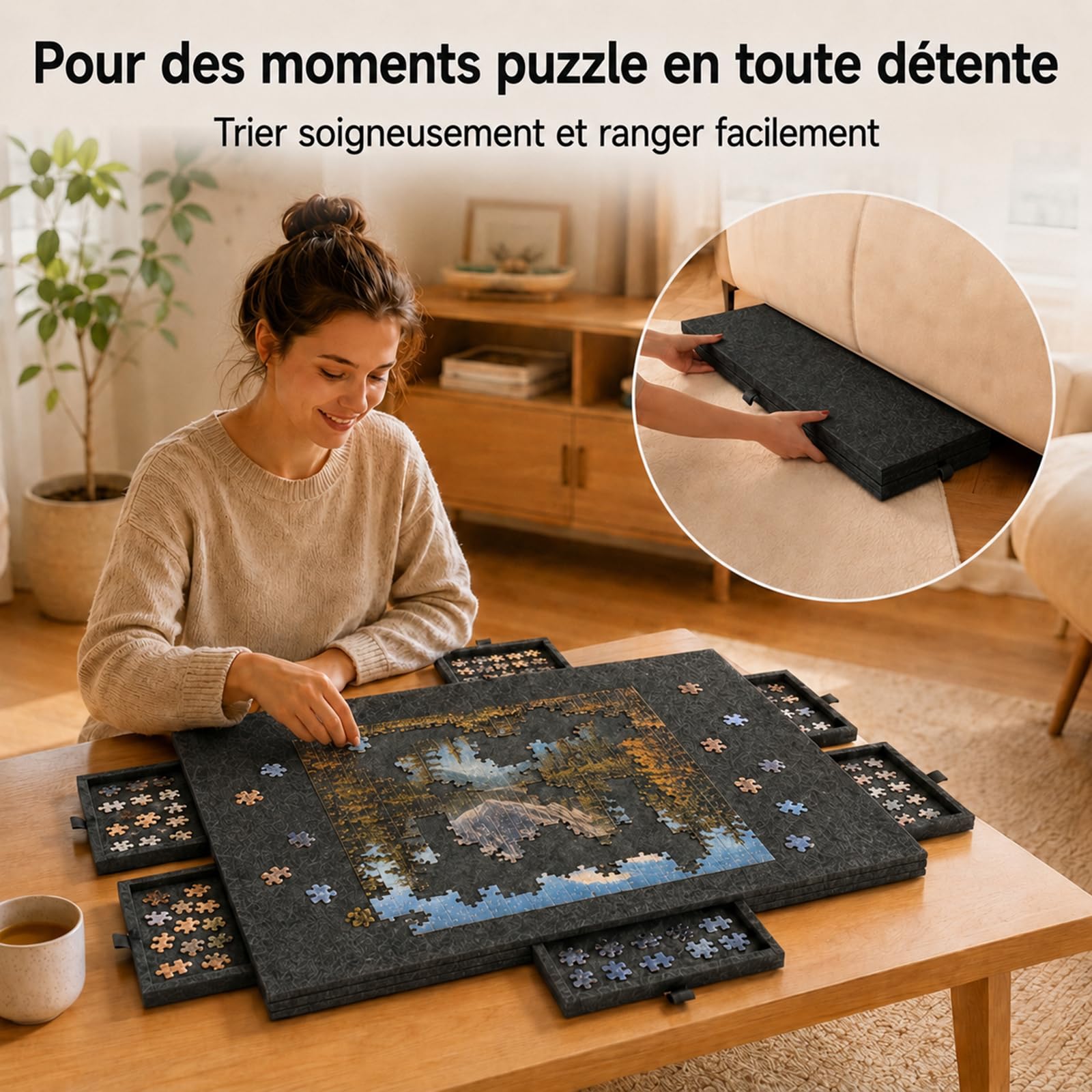 Planche à Puzzle en Feutre avec 6 tiroirs, Plateau à Puzzle inclinable avec Support 2 en 1 et Couvercle, Table de Puzzle Pliable pour Adultes, Portable, pour Puzzles jusqu'à 1000