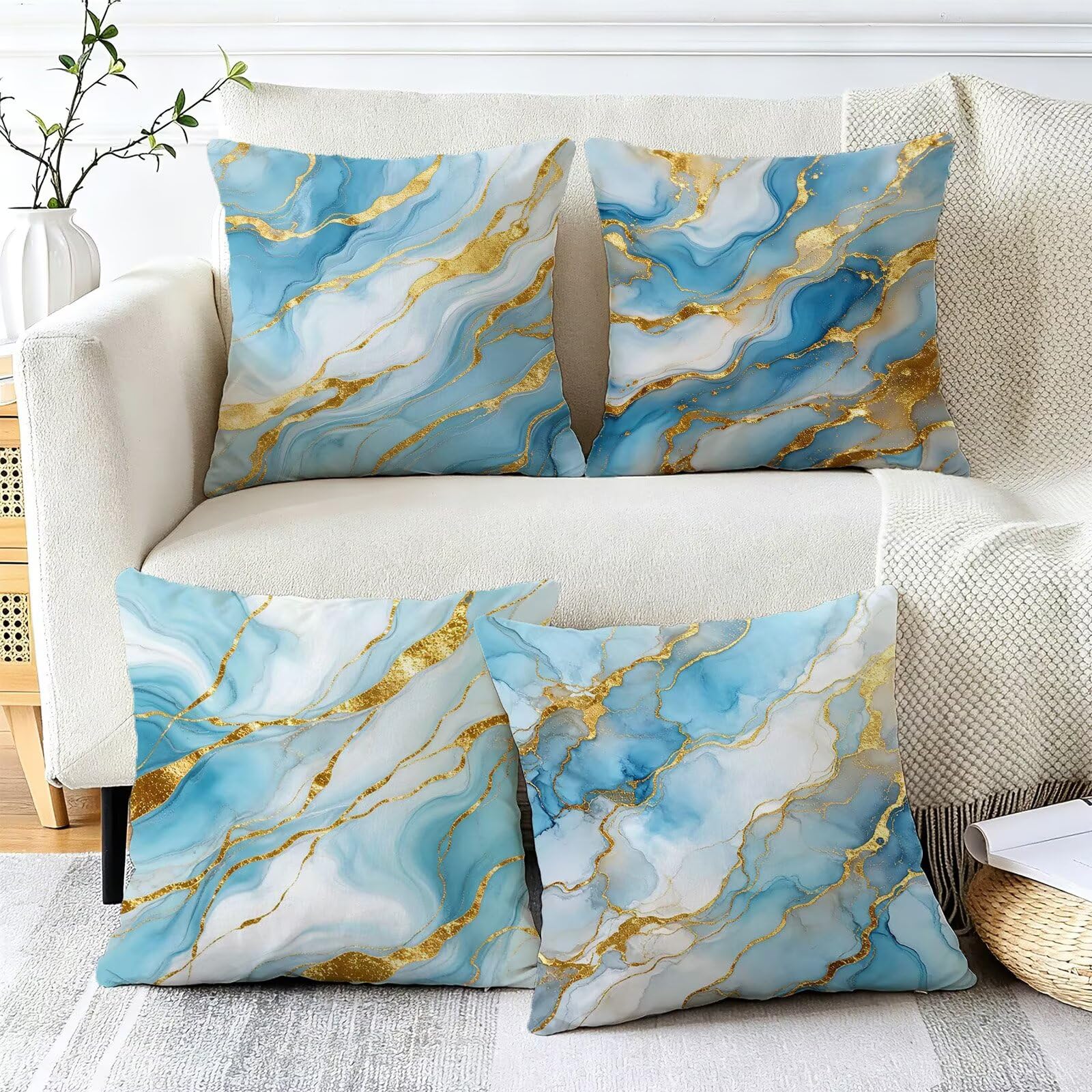 Blu Federe Cuscini Divano 65x65cm, Cuscini da Esterno Set de 4, Cod-82 | Velour Copricuscini Decorativi Letto Arredo, per Letto, Soggiorno, Giardino, Esterno, Casa Decorazione Set di 4 Naturale