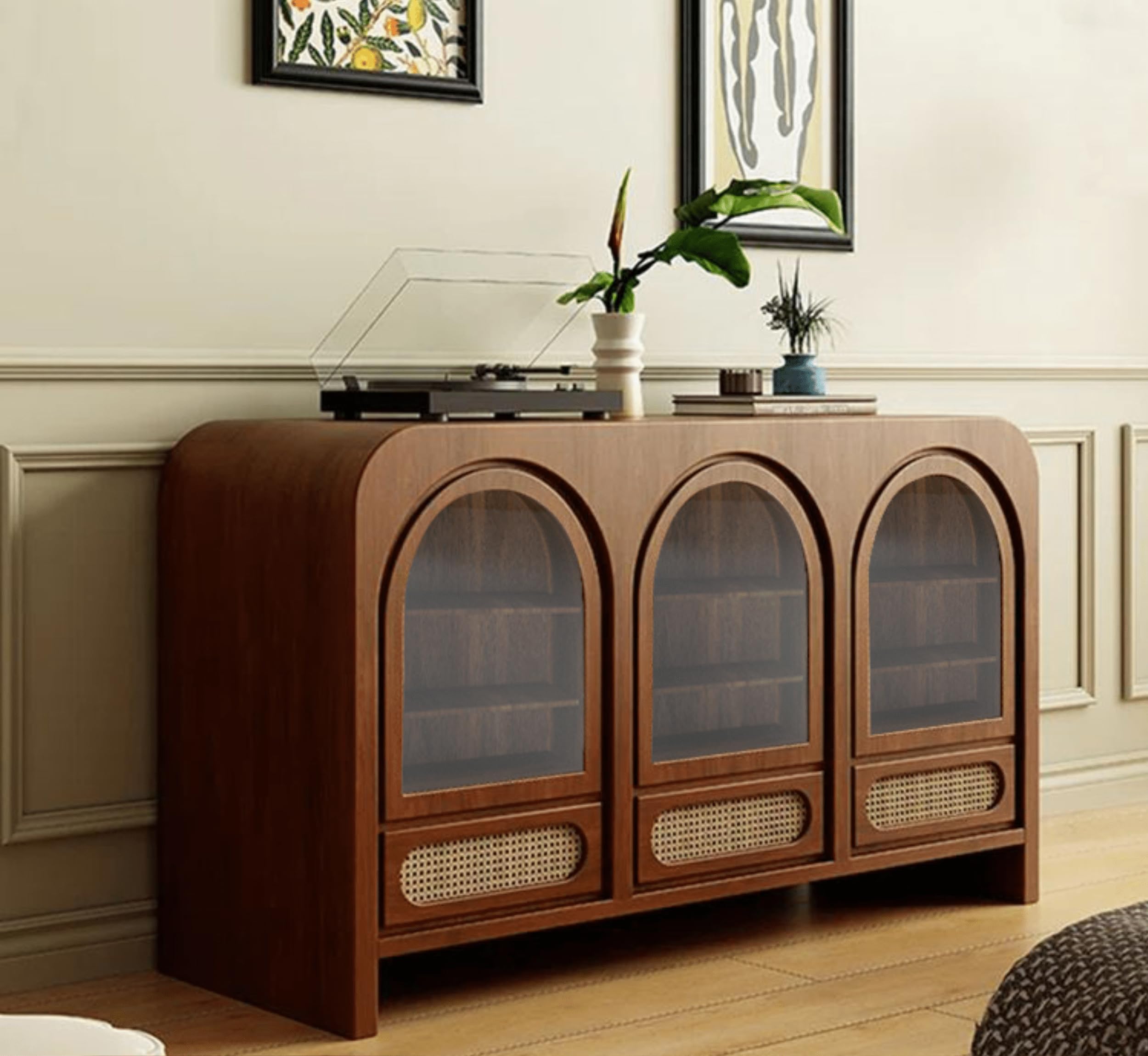 Gharaana Vintage Style Sideboard Cabinet with Glass Doors, 54W x 32H x 16D inches, Cane Webbing Detail, Walnut Brown-image-1