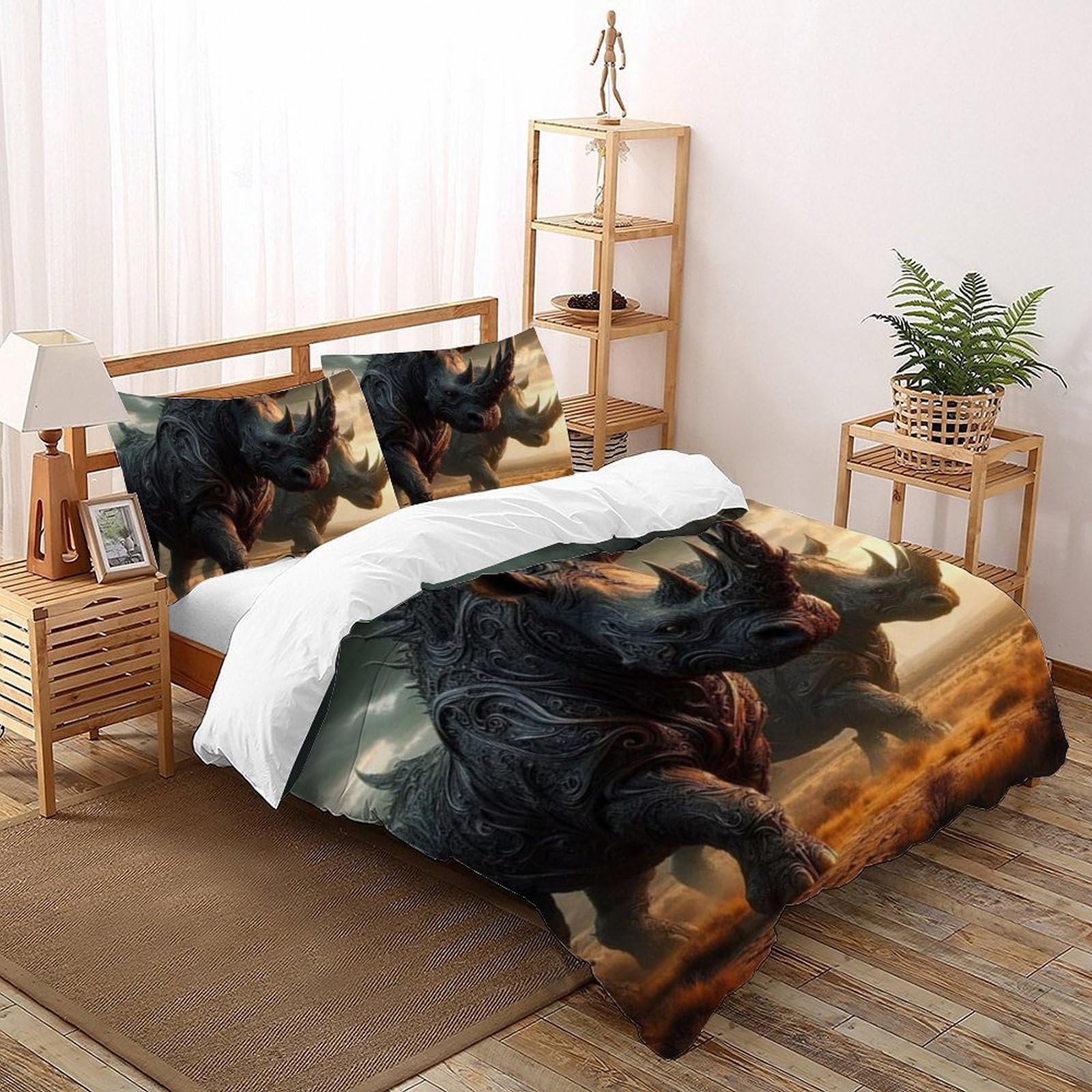 Housse de couette rhinocéros avec motif animaux 3D relief parure de lit 200x200