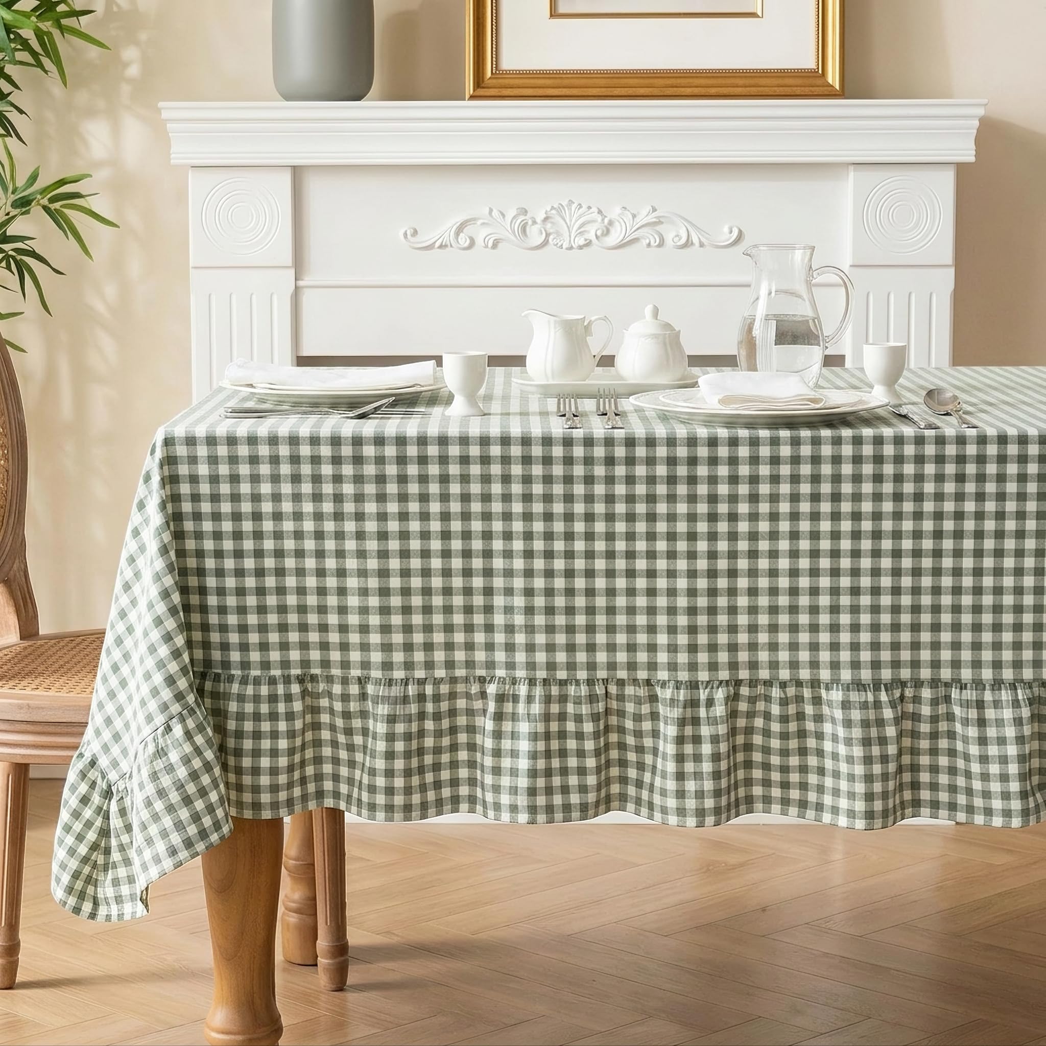 Mantel con volantes, color verde salvia, 52 x 70 pulgadas